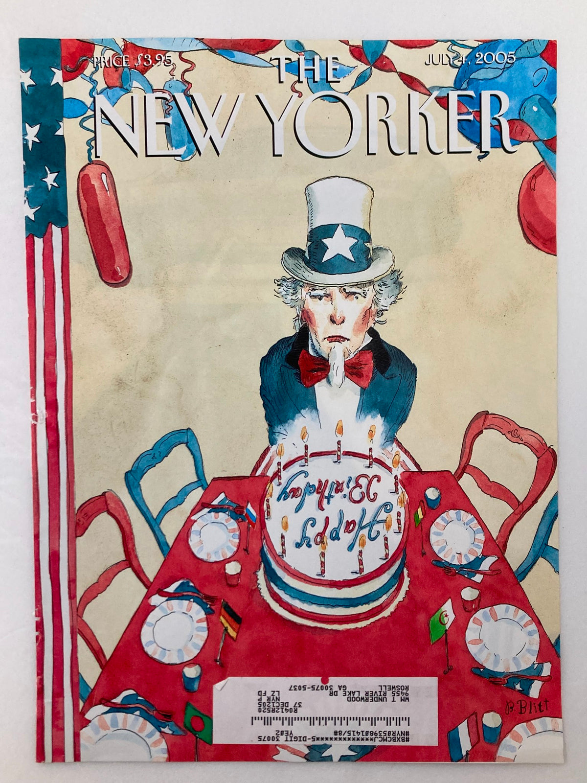 COVER ONLY The New Yorker July 4 2005 Party of Clad by Barry Blitt, showcasing an illustration of Uncle Sam at a birthday celebration table with patriotic decor.