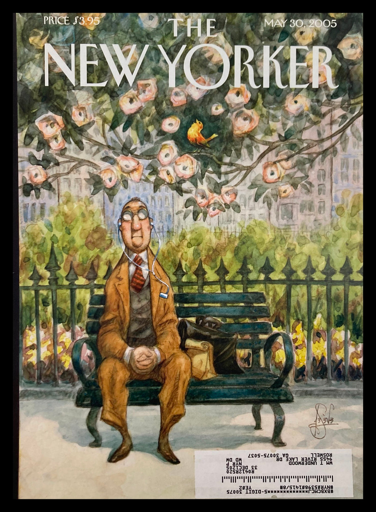 Cover of The New Yorker dated May 30, 2005, featuring the artwork 'The Song of Spring' by Peter de Seve, depicting a seated man on a park bench surrounded by vibrant flowers.