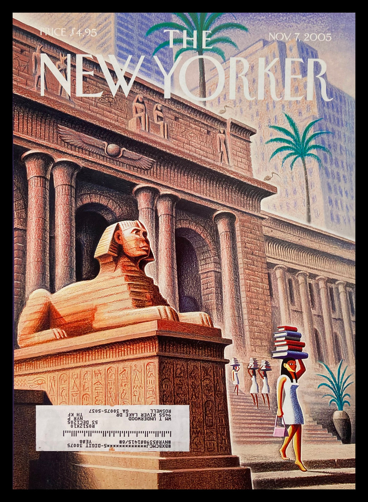 Cover of The New Yorker magazine, November 7, 2005, titled 'Textbook Economics' by Eric Drooker. Features the iconic Sphinx sculpture with a figure balancing books in front of an Egyptian motif, highlighting economic themes.