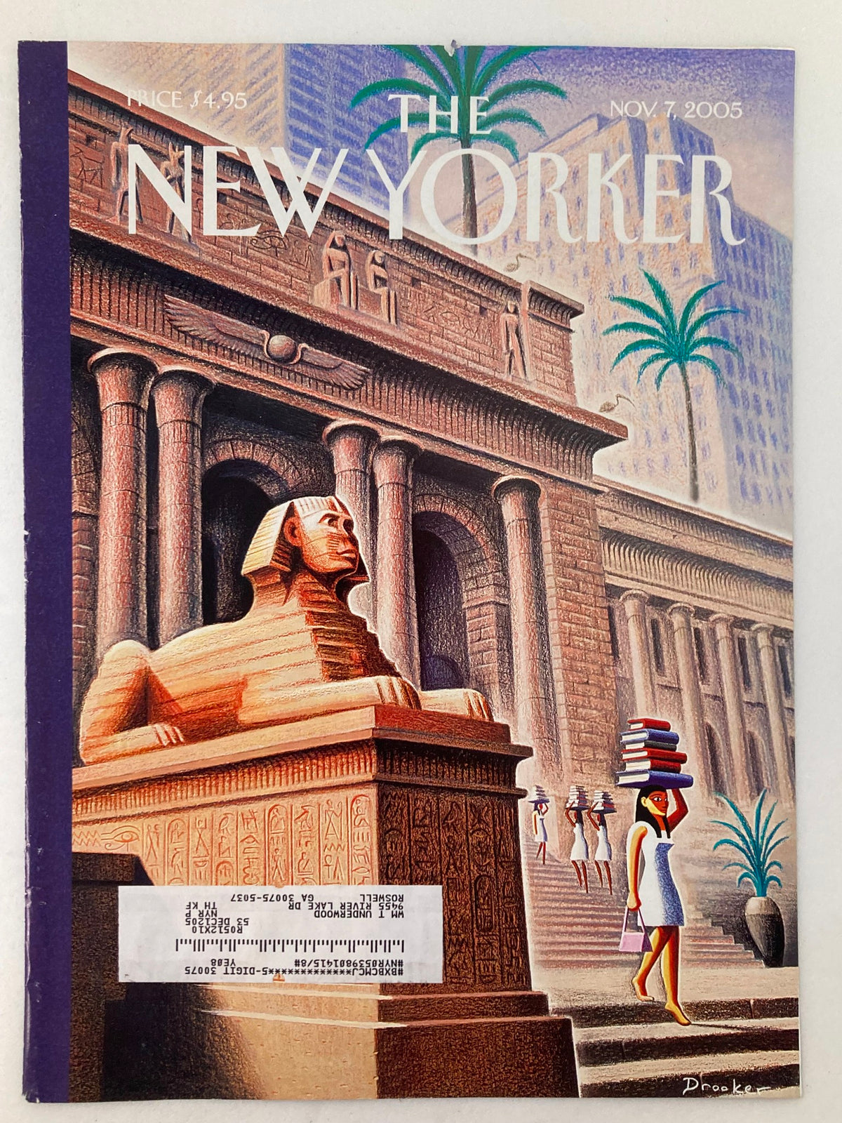 Alternate cover view of The New Yorker magazine, November 7, 2005, titled 'Textbook Economics' by Eric Drooker. Showcases the Sphinx statue with an individual carrying a stack of books, emphasizing themes of economics and education.