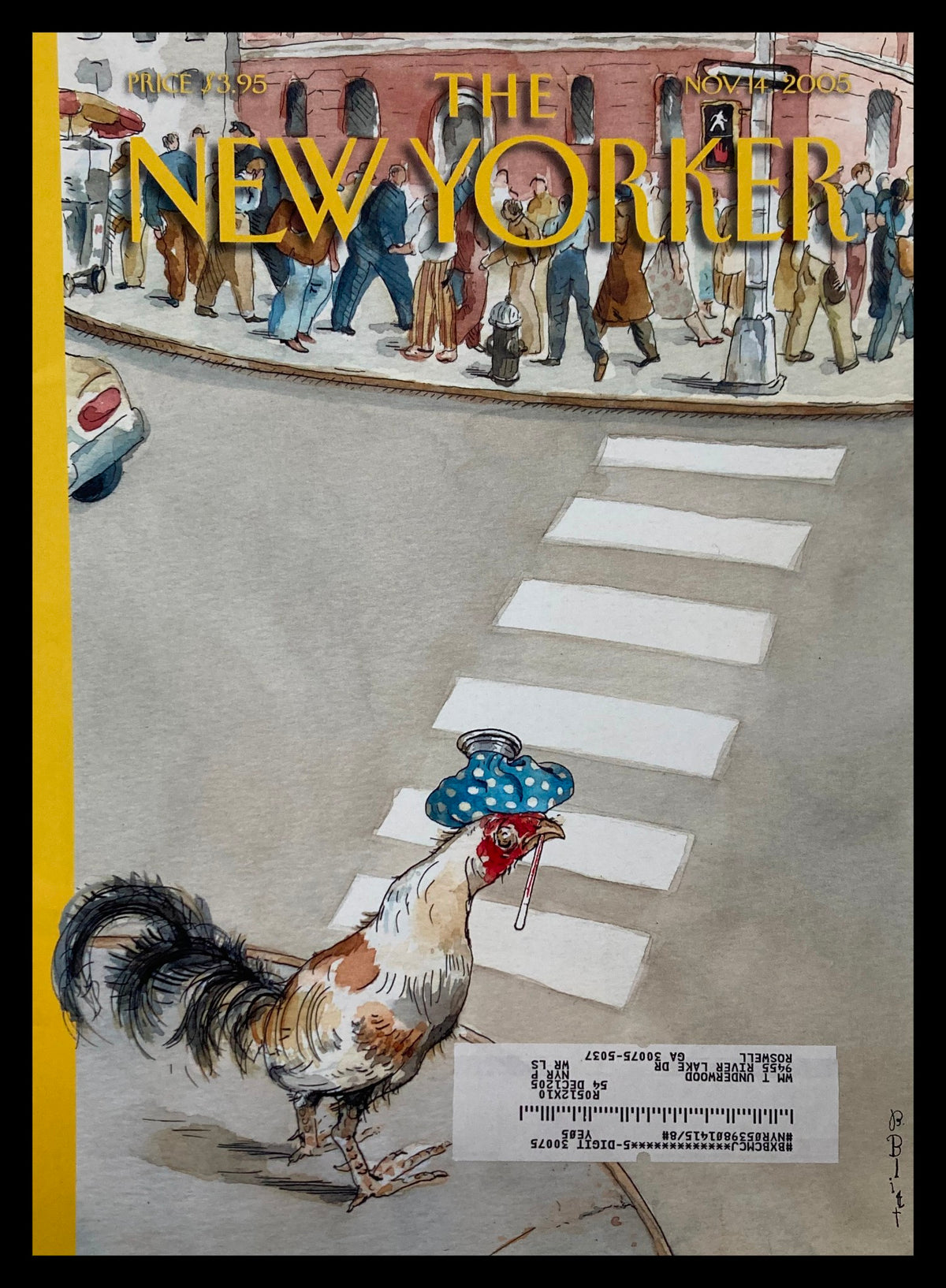 The New Yorker Cover November 14 2005 Animal Crossing by Barry Blitt featuring a whimsical chicken crossing a street, adorned with a blue polka-dotted hat, amidst a busy urban backdrop.
