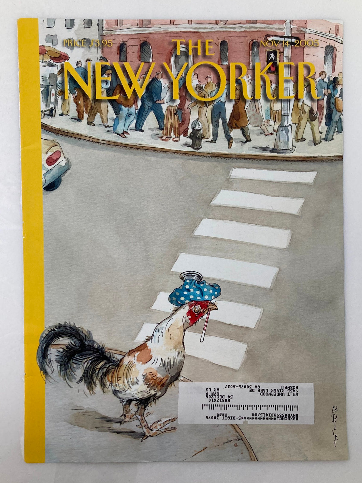 The New Yorker Cover November 14 2005 Animal Crossing by Barry Blitt displaying a humorous street scene with a stylish chicken in a blue polka-dotted hat, capturing urban life.
