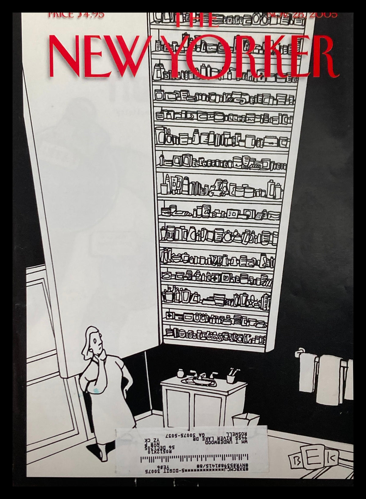 Cover only of The New Yorker from November 28, 2005, featuring an illustration by Bruce E. Kaplan titled 'Americans at Work,' depicting a woman in front of a large shelf of items, showcasing the essence of American life.