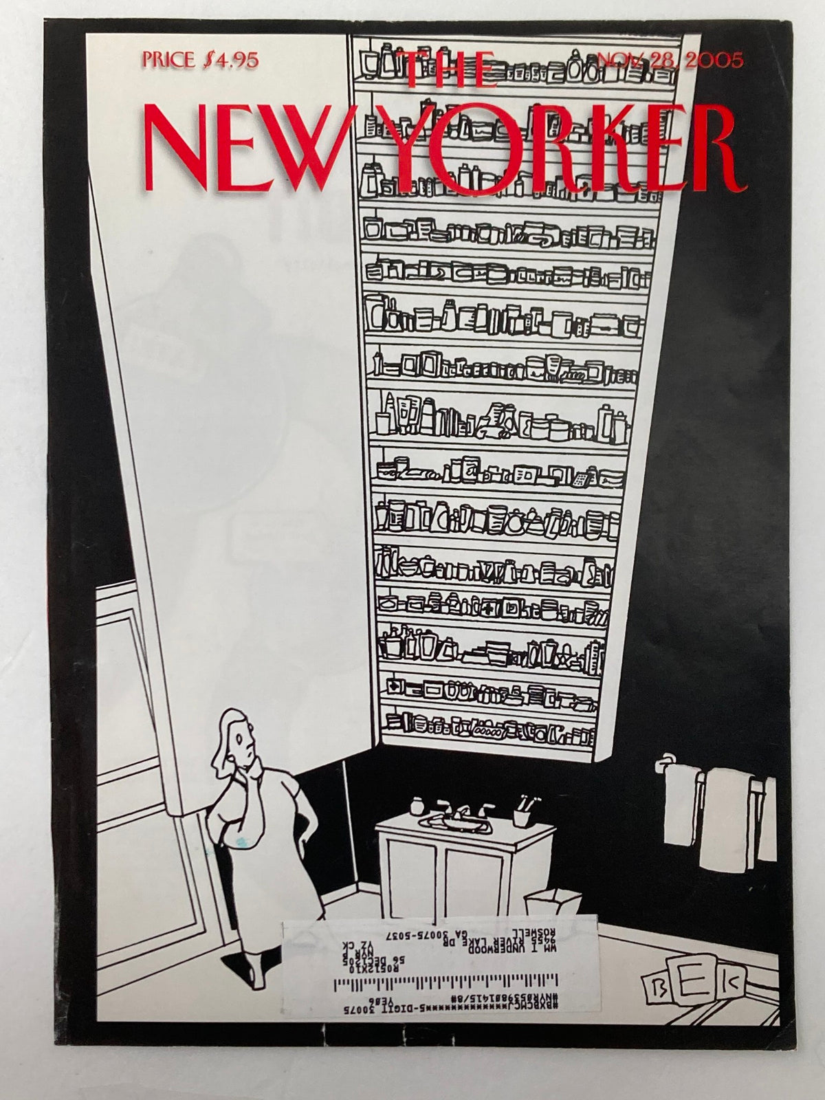 The New Yorker magazine cover dated November 28, 2005, illustrating 'Americans at Work' by Bruce E. Kaplan, with a woman standing by a shelf filled with various items, reflecting themes of work and daily life in America.