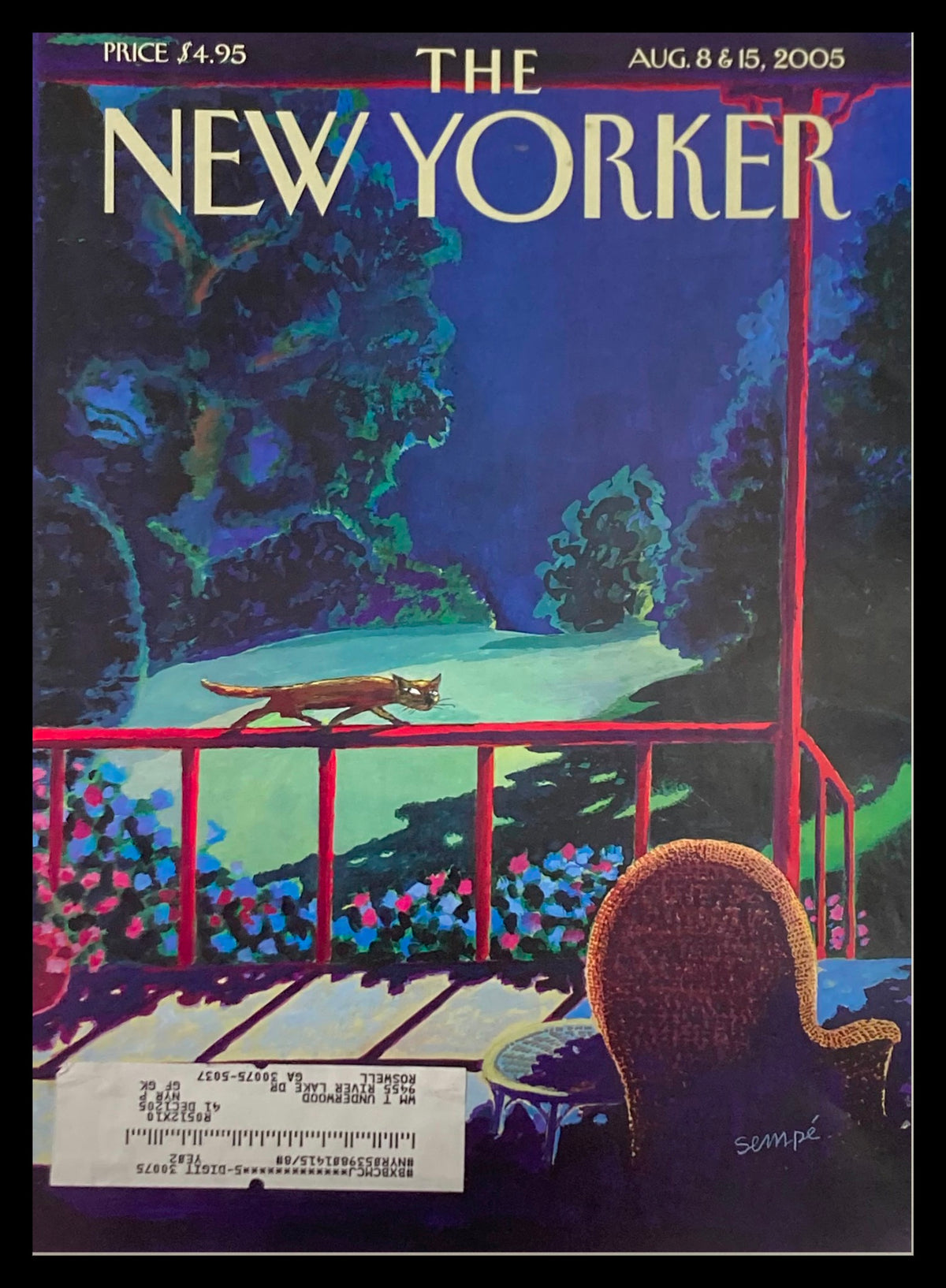 Cover of The New Yorker August 8 2005 featuring the illustration 'Sneaky Cat' by Jean-Jacques Sempe, depicting a curious feline on a porch amidst a vibrant garden scene.