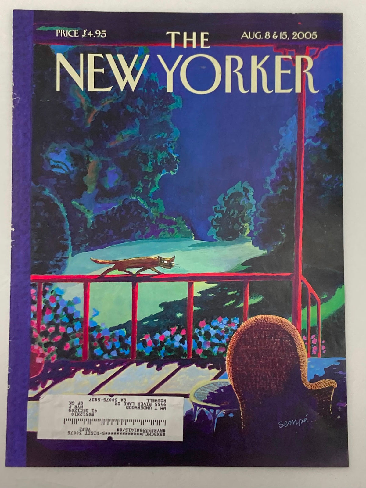 Cover of The New Yorker August 8 2005 showcasing 'Sneaky Cat' by Jean-Jacques Sempe, highlighting a playful cat on a balcony surrounded by colorful flowers.