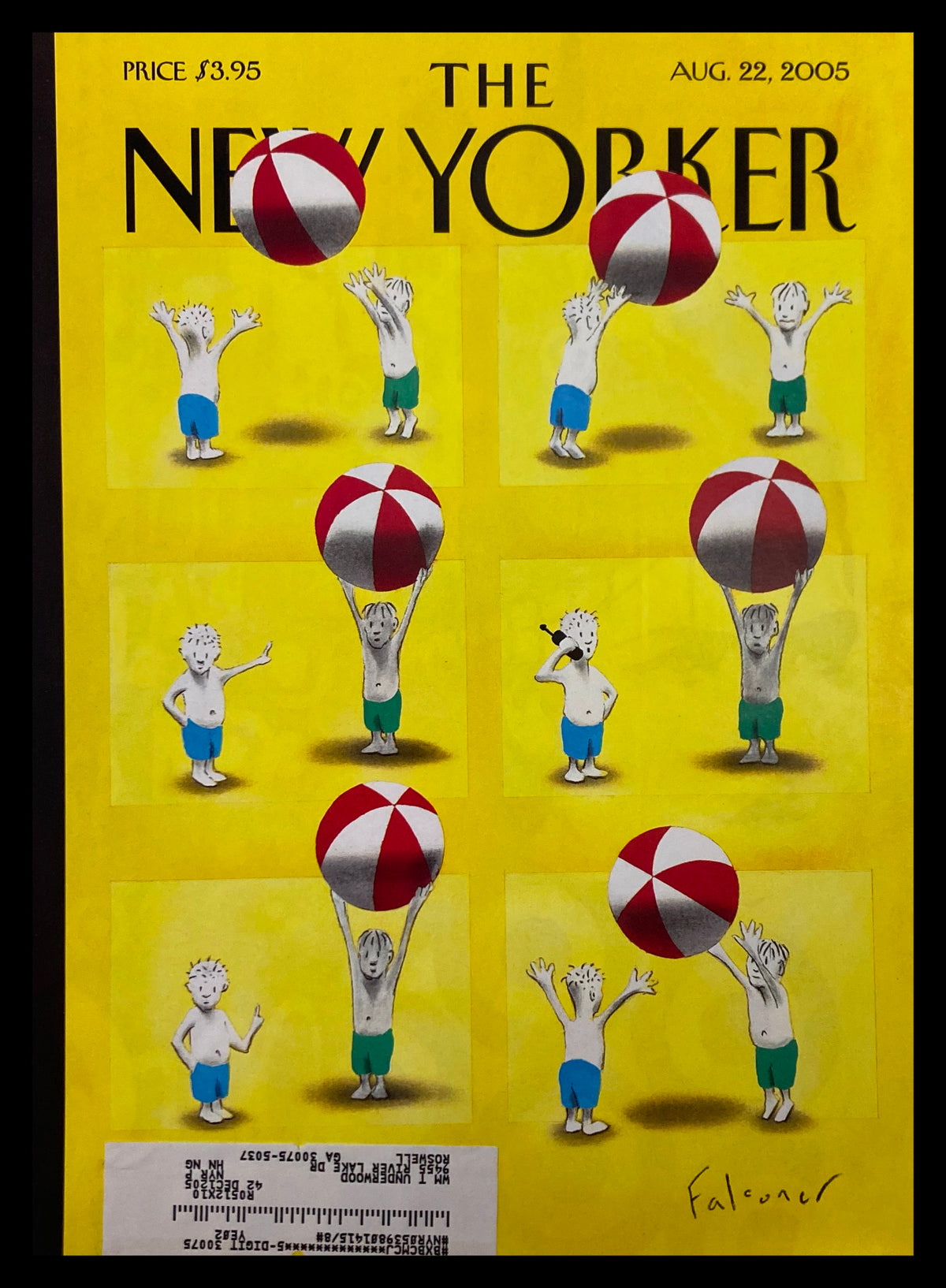 The New Yorker cover from August 22, 2005, titled 'Please Hold' by Ian Falconer, featuring whimsical illustrations of children with beach balls on a bright yellow background.