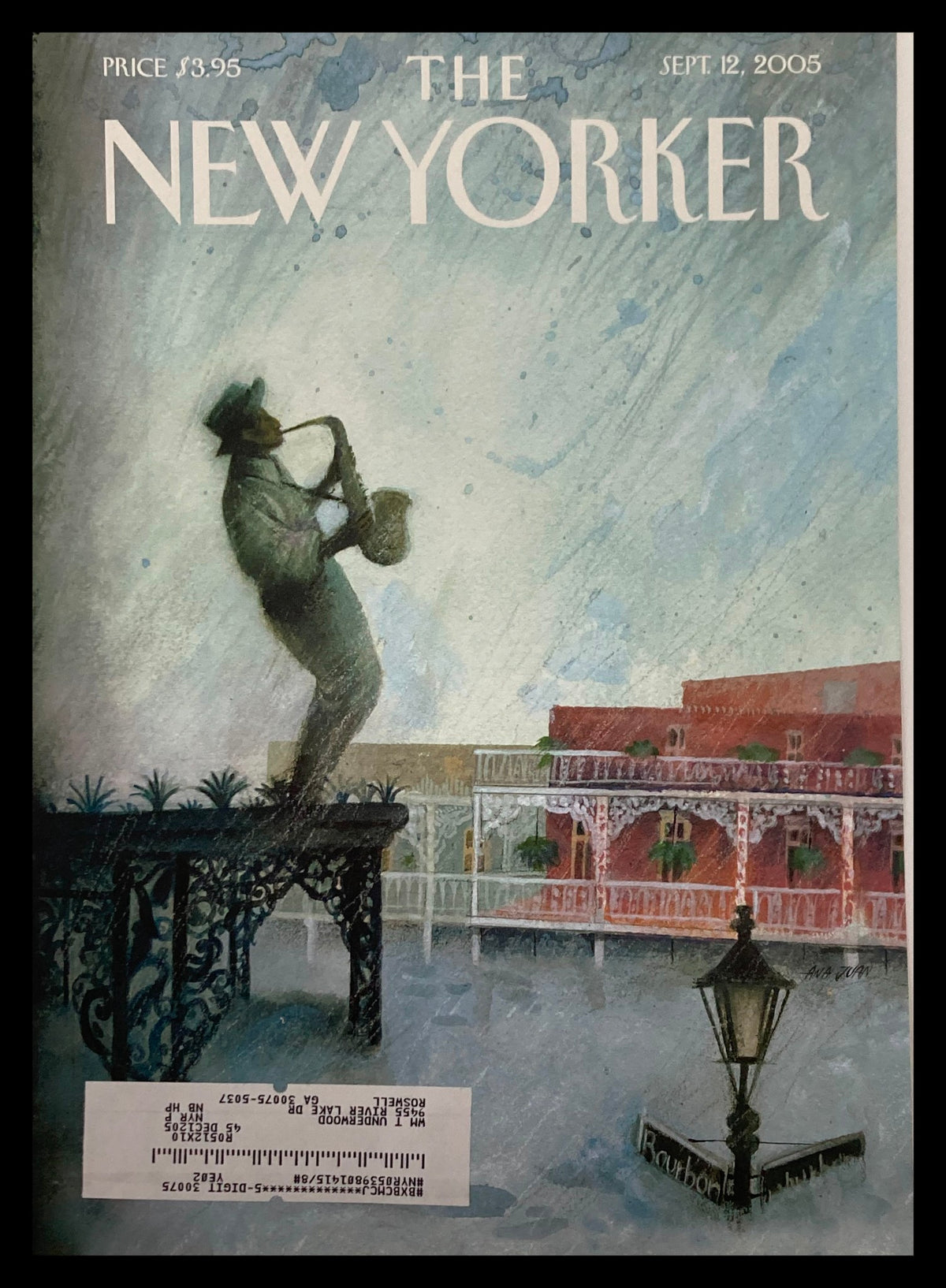 Cover of The New Yorker September 12, 2005, featuring the artwork "Requiem" by Ana Juan, depicting a musician playing saxophone against a backdrop of New Orleans architecture.