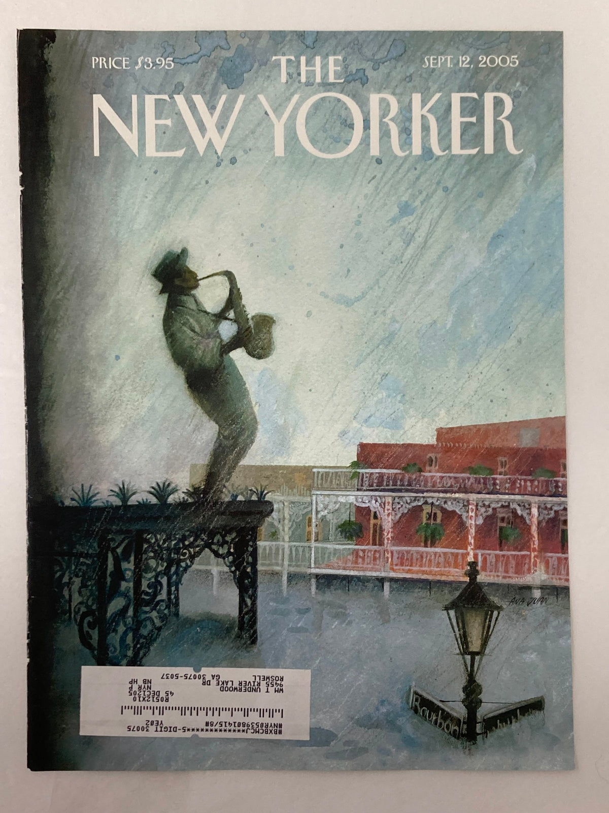 Cover of The New Yorker September 12, 2005, showcasing "Requiem" by Ana Juan, illustrating a saxophonist with a vignette of colorful buildings in New Orleans.