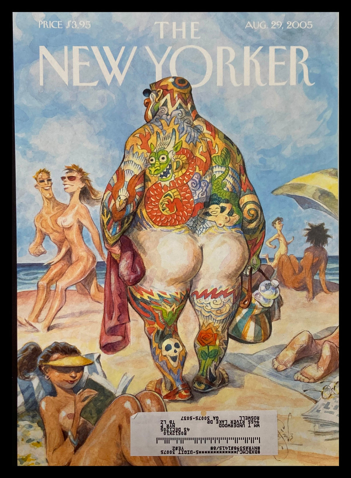 Cover art of The New Yorker from August 29, 2005, titled 'Beach Bum' by Peter de Seve, depicting a tattooed man walking on the beach surrounded by sunbathers.
