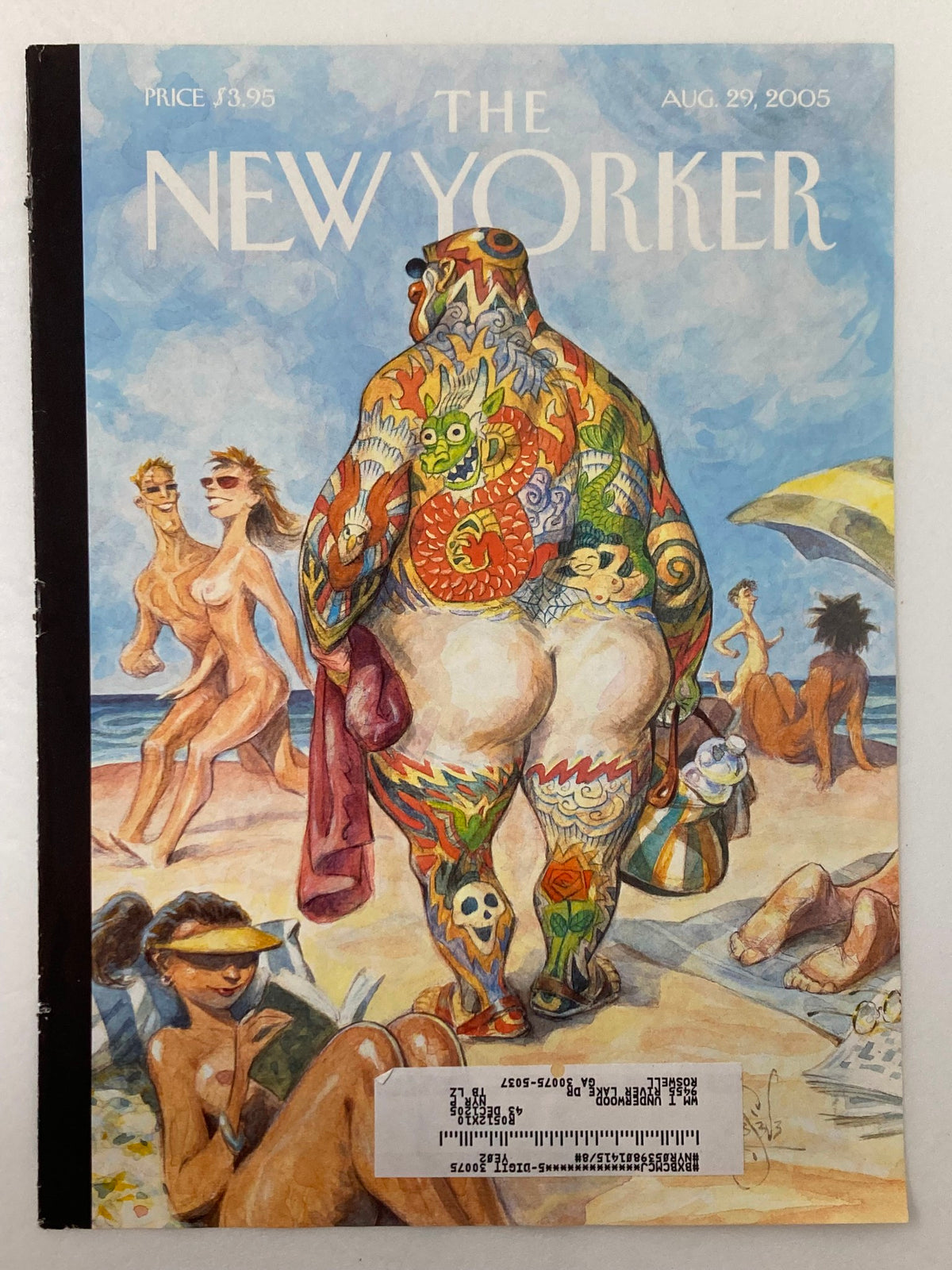 Cover art of The New Yorker dated August 29, 2005, featuring the illustration 'Beach Bum' by Peter de Seve, showcasing a colorful tattooed figure at the beach among others.