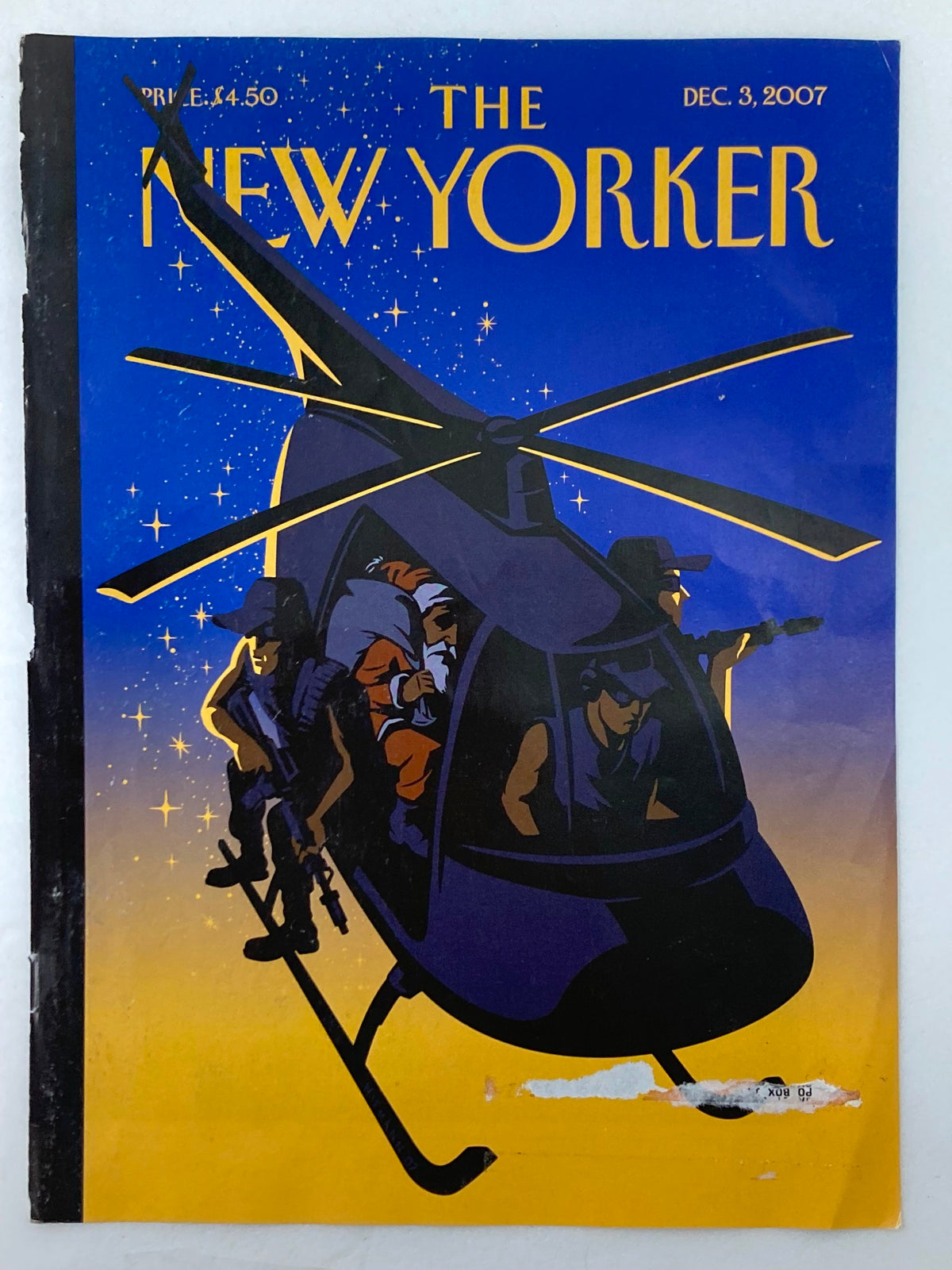 Front view of The New Yorker December 3 2007 cover 'Violent Night' by Christoph Niemann, showcasing a helicopter and armed figures in a creative art style.