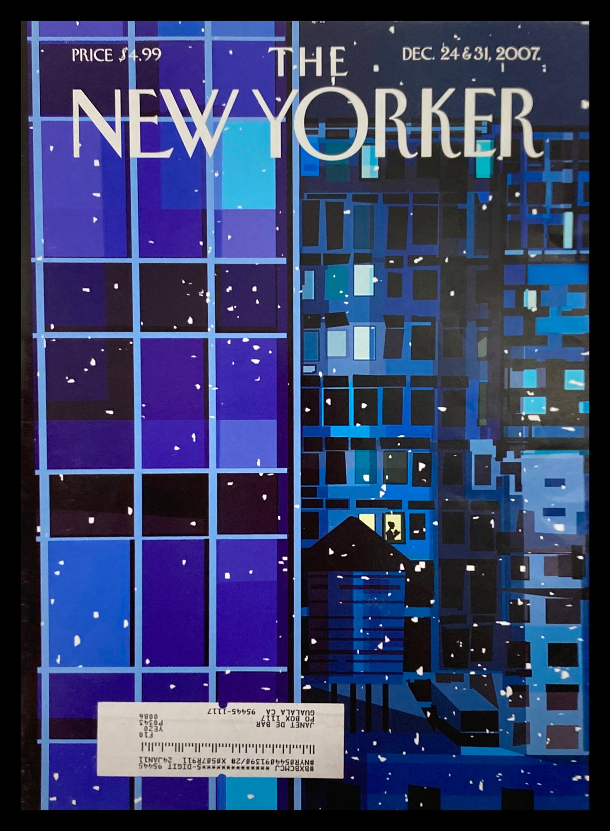 COVER ONLY The New Yorker December 24 2007 illustrated by Kim DeMarco, showcasing a winter cityscape with blue and purple tones, snowflakes falling, symbolizing climate change.