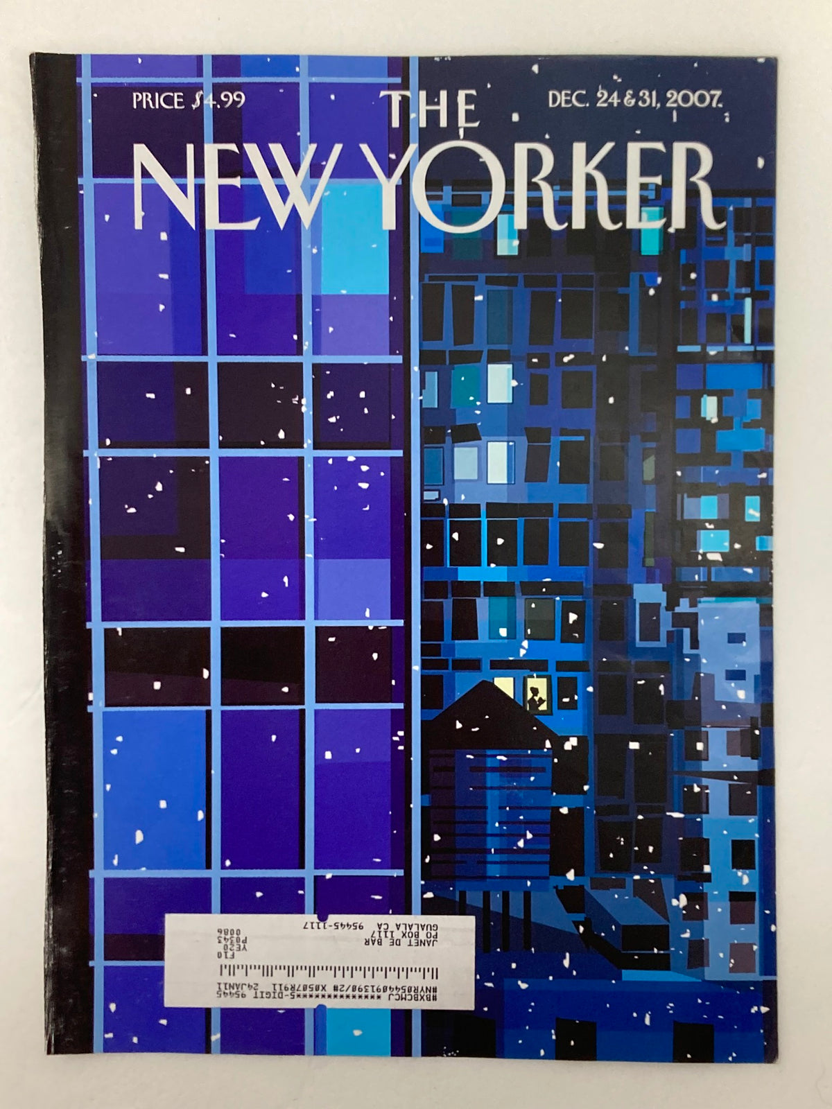 COVER ONLY The New Yorker December 24 2007 featuring an artistic winter city scene in blue hues, designed by Kim DeMarco, highlighting themes of climate change.