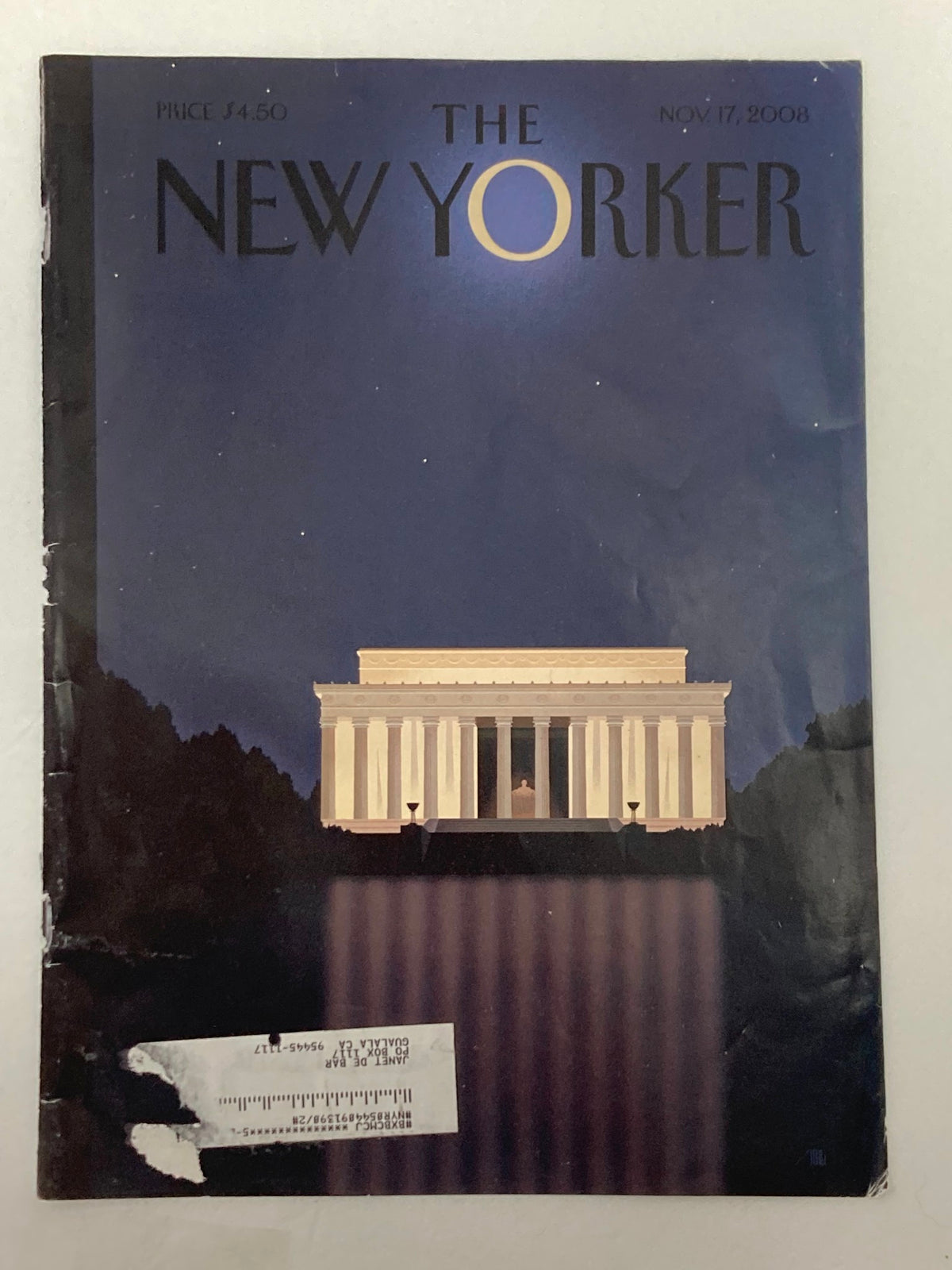 Alternate view of The New Yorker November 17 2008 Reflection by Bob Staake, showcasing the detailed cover art of the Lincoln Memorial at night.