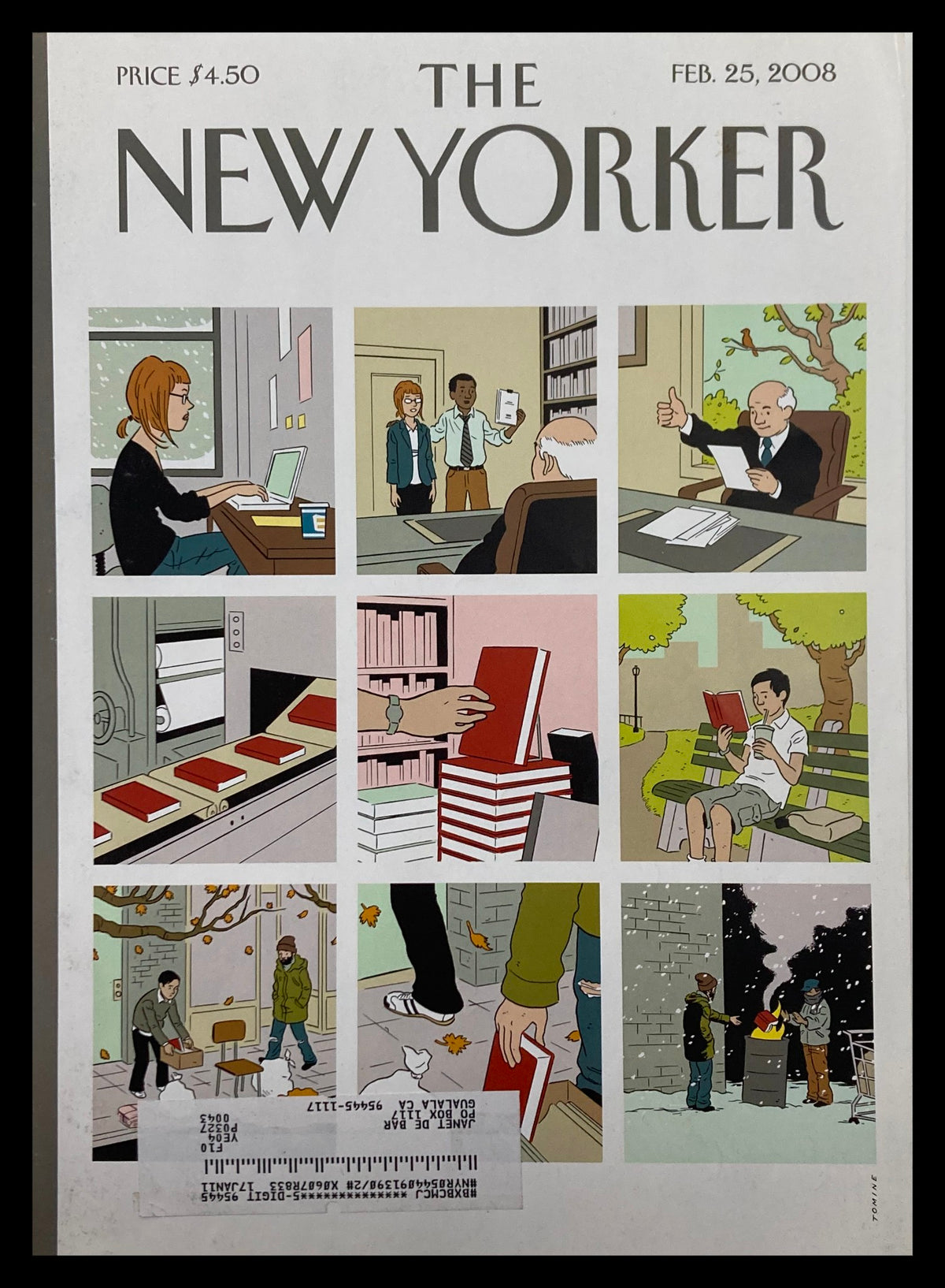 Cover of The New Yorker February 25, 2008 titled 'Shelf Life' illustrated by Adrian Tomine, featuring a collage of scenes depicting modern life and literature.
