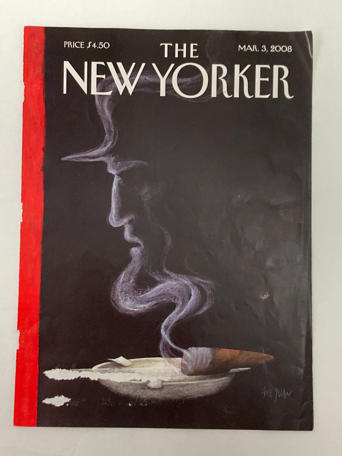 The New Yorker March 3, 2008 cover showcasing 'Fading' by Ana Juan, illustrating a silhouette with a smoking bowl against a black background.