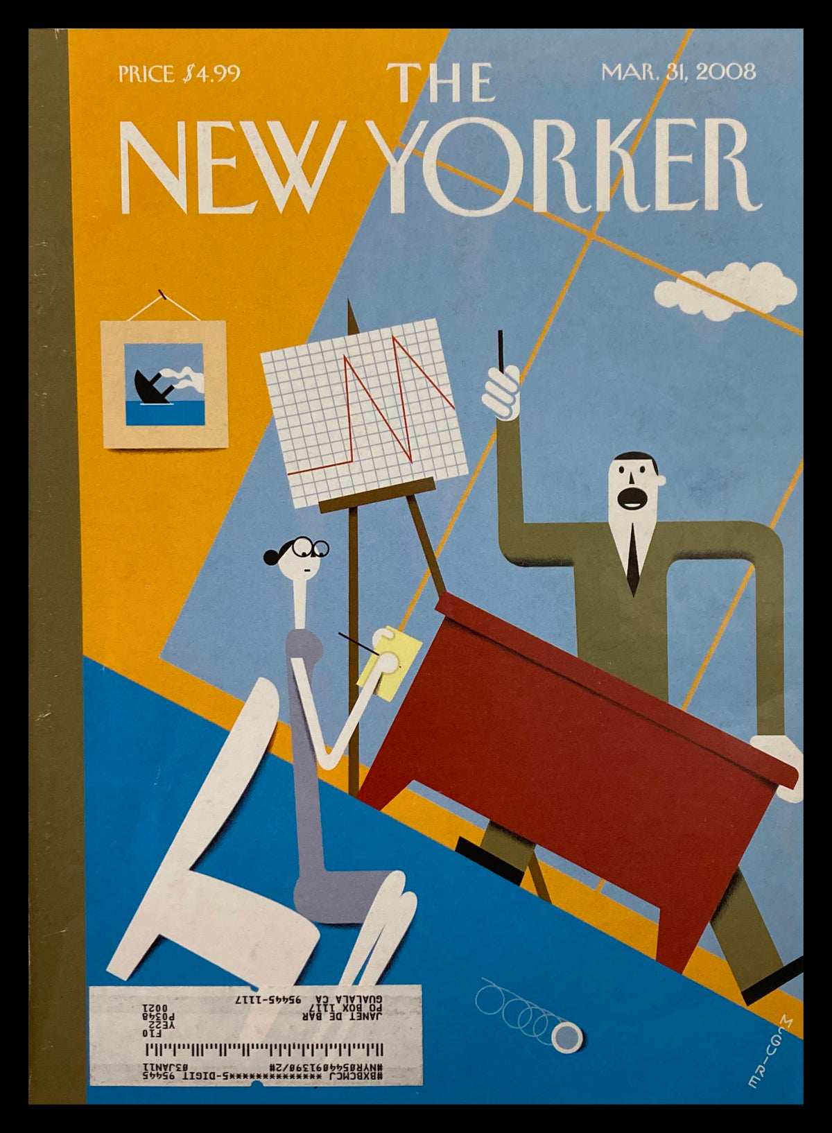 Cover of The New Yorker dated March 31, 2008, featuring the artwork "All Downhill From Here" by R. McGuire, depicting a creative scene with a woman and a man at a desk, ideal for collectors.