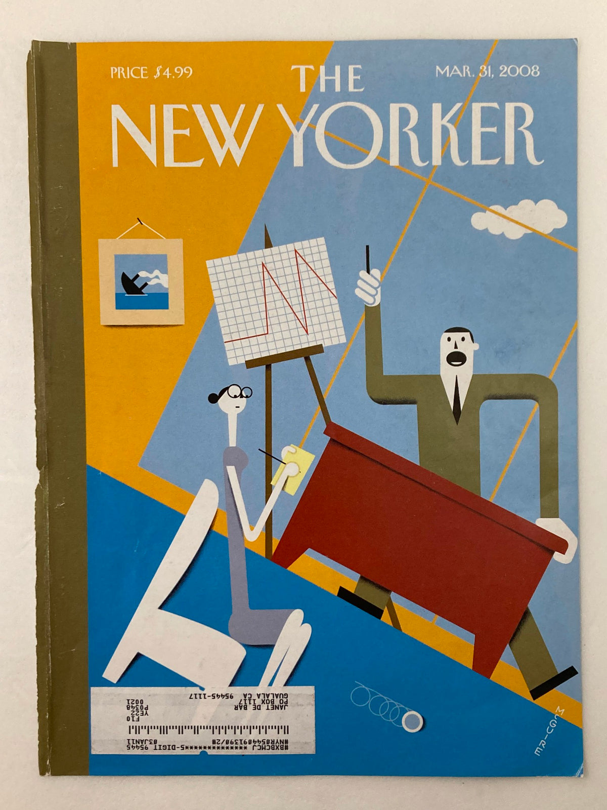 Cover of The New Yorker from March 31, 2008, showcasing artwork titled "All Downhill From Here" by R. McGuire, illustrating a colorful graphic design with two characters, perfect for art enthusiasts.