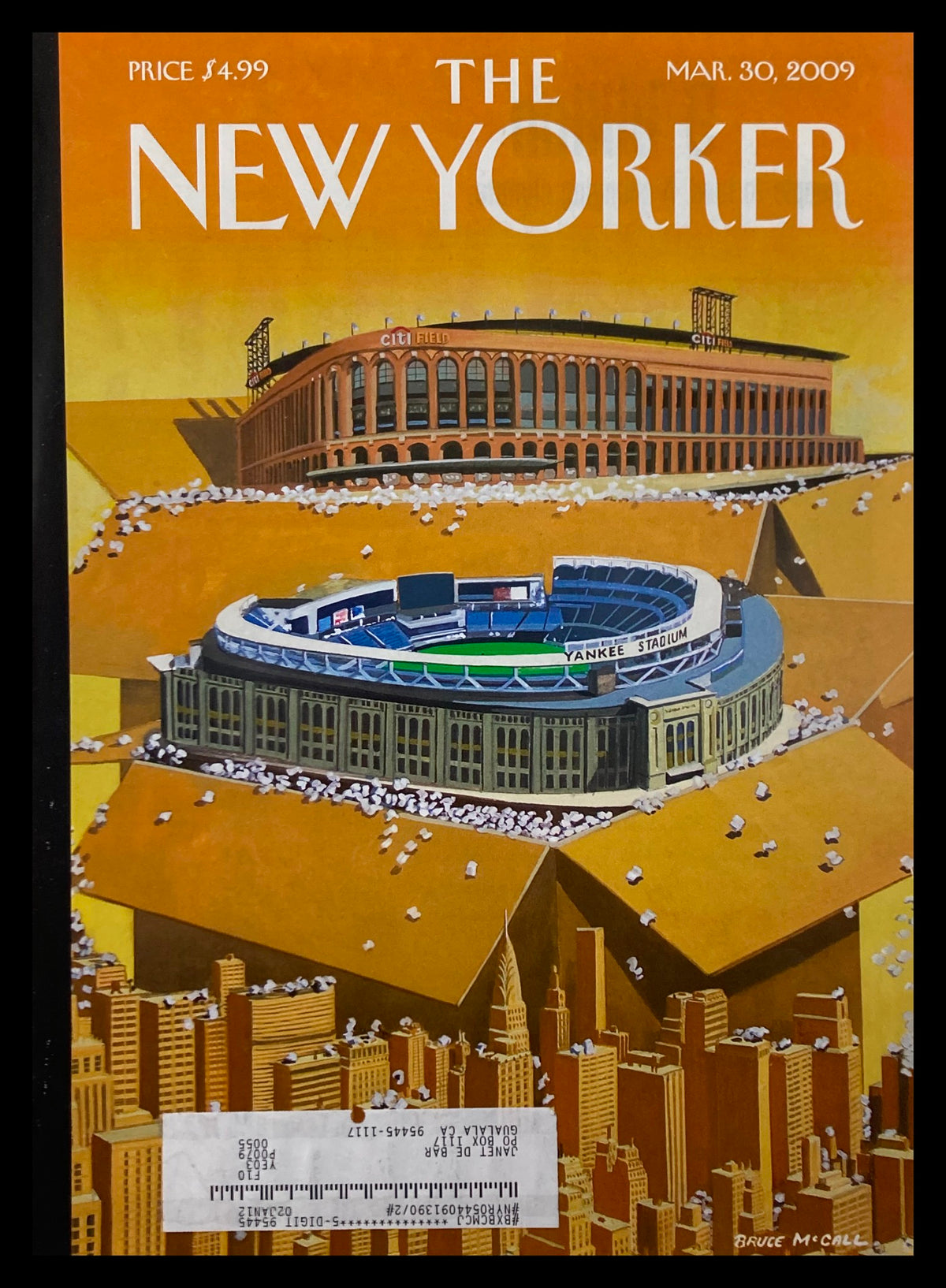 Cover of The New Yorker dated March 30, 2009, titled 'Opening Day' by Bruce McCall, featuring baseball stadiums and a New York City skyline.