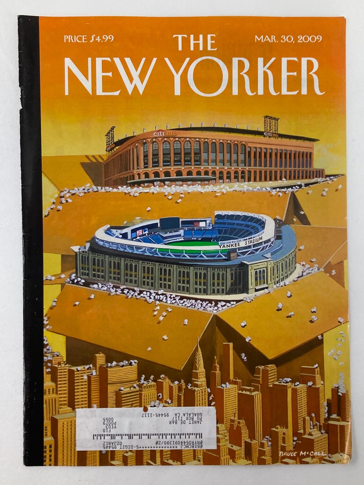 Cover of The New Yorker dated March 30, 2009, titled 'Opening Day' by Bruce McCall, showcasing iconic baseball venues and a vibrant New York City backdrop.