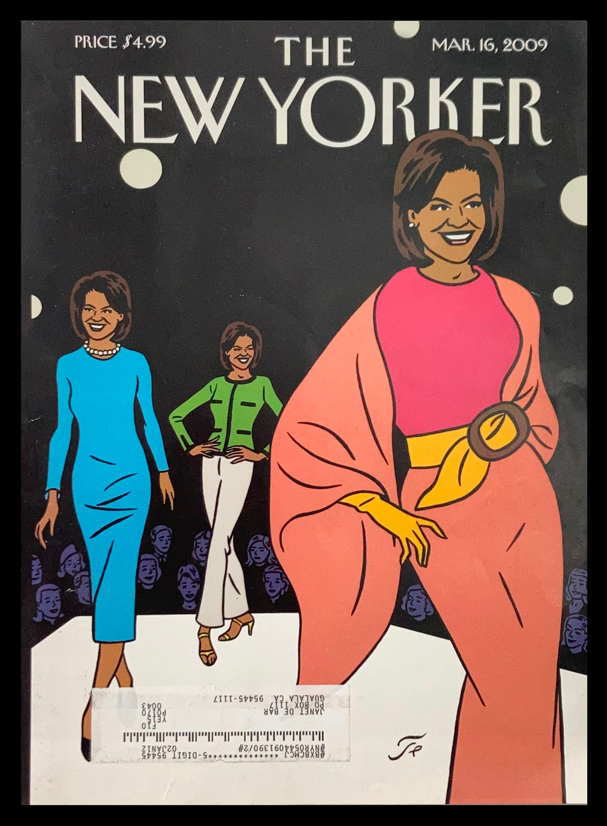 Cover only of The New Yorker dated March 16, 2009 showcasing Michelle Obama illustrated by Jean-Claude Floc'h, featuring colorful fashion designs, a stylish presentation, and a vibrant background.