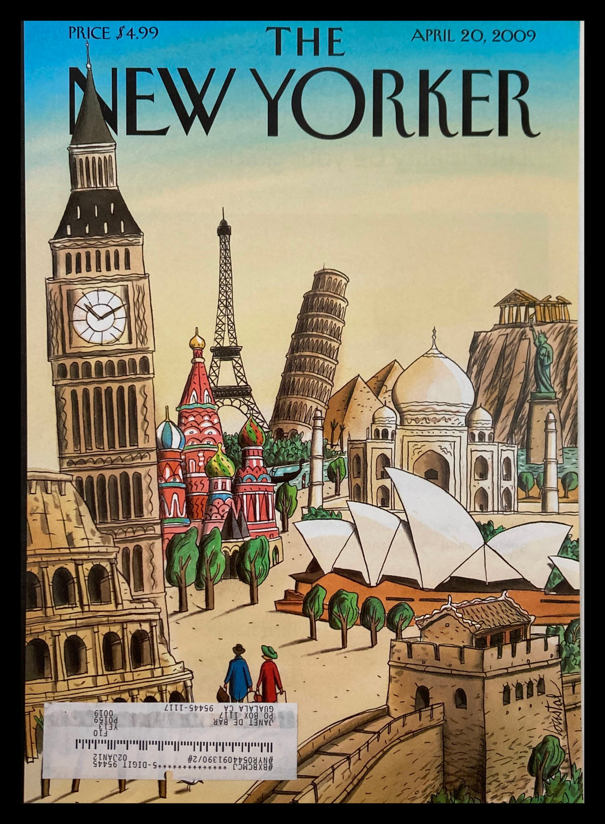 Cover of The New Yorker April 20, 2009, titled 'Ultimate Destination' by J. de Loustal, featuring iconic landmarks and vibrant illustrations.