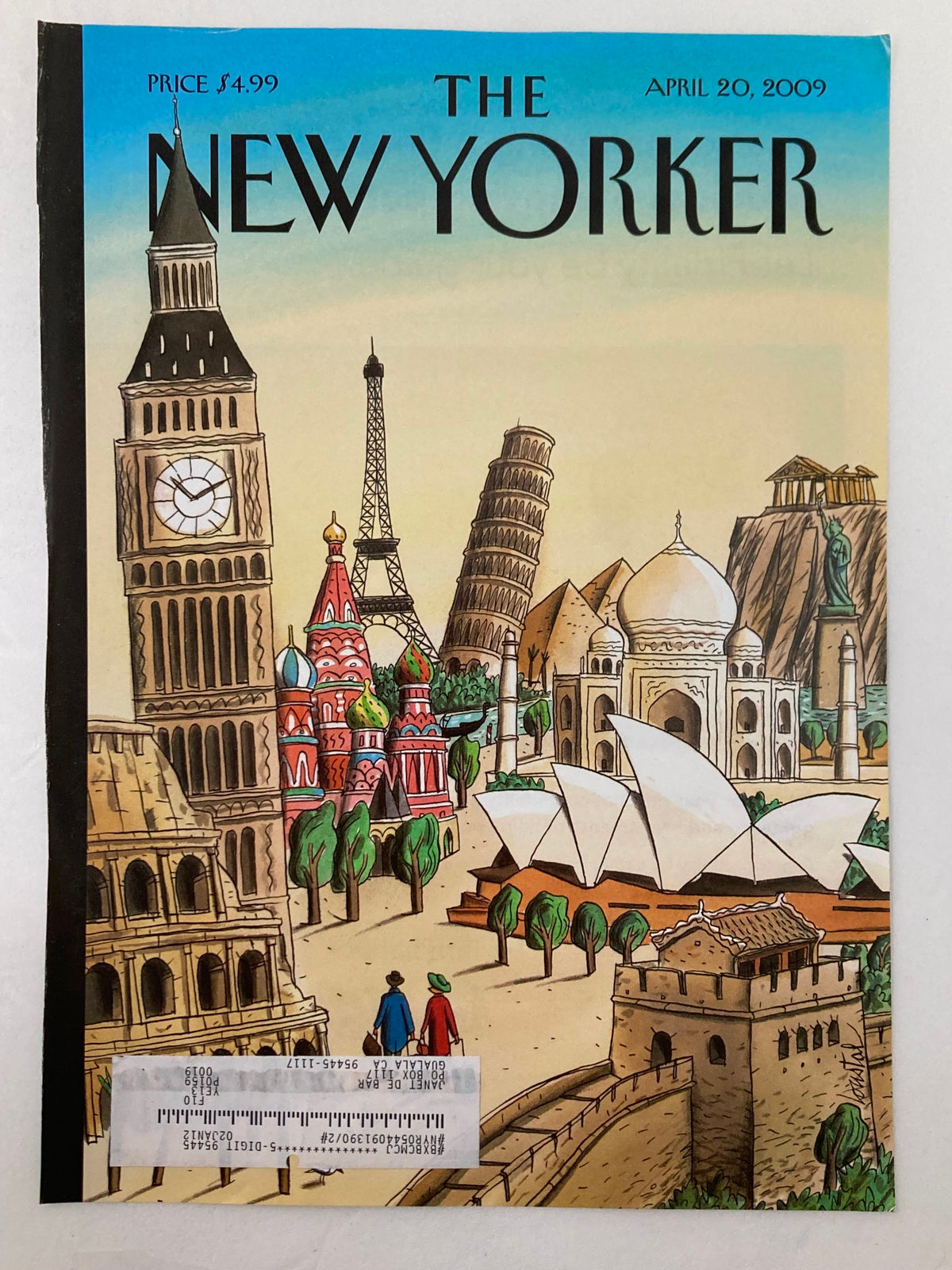 Cover of The New Yorker April 20, 2009, titled 'Ultimate Destination' by J. de Loustal, showcasing famous structures in a colorful artistic style.