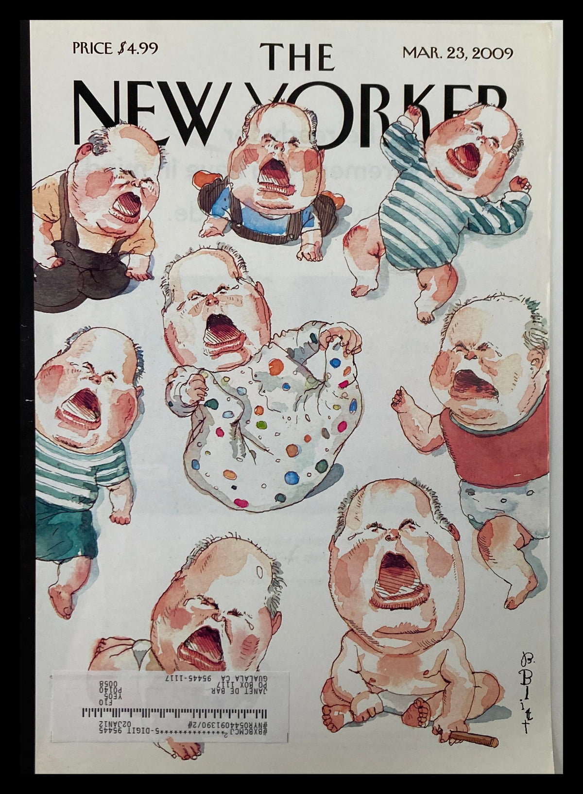 The New Yorker cover from March 23, 2009, titled Octo Rush by Barry Blitt, featuring humorous illustrations of babies in playful poses.