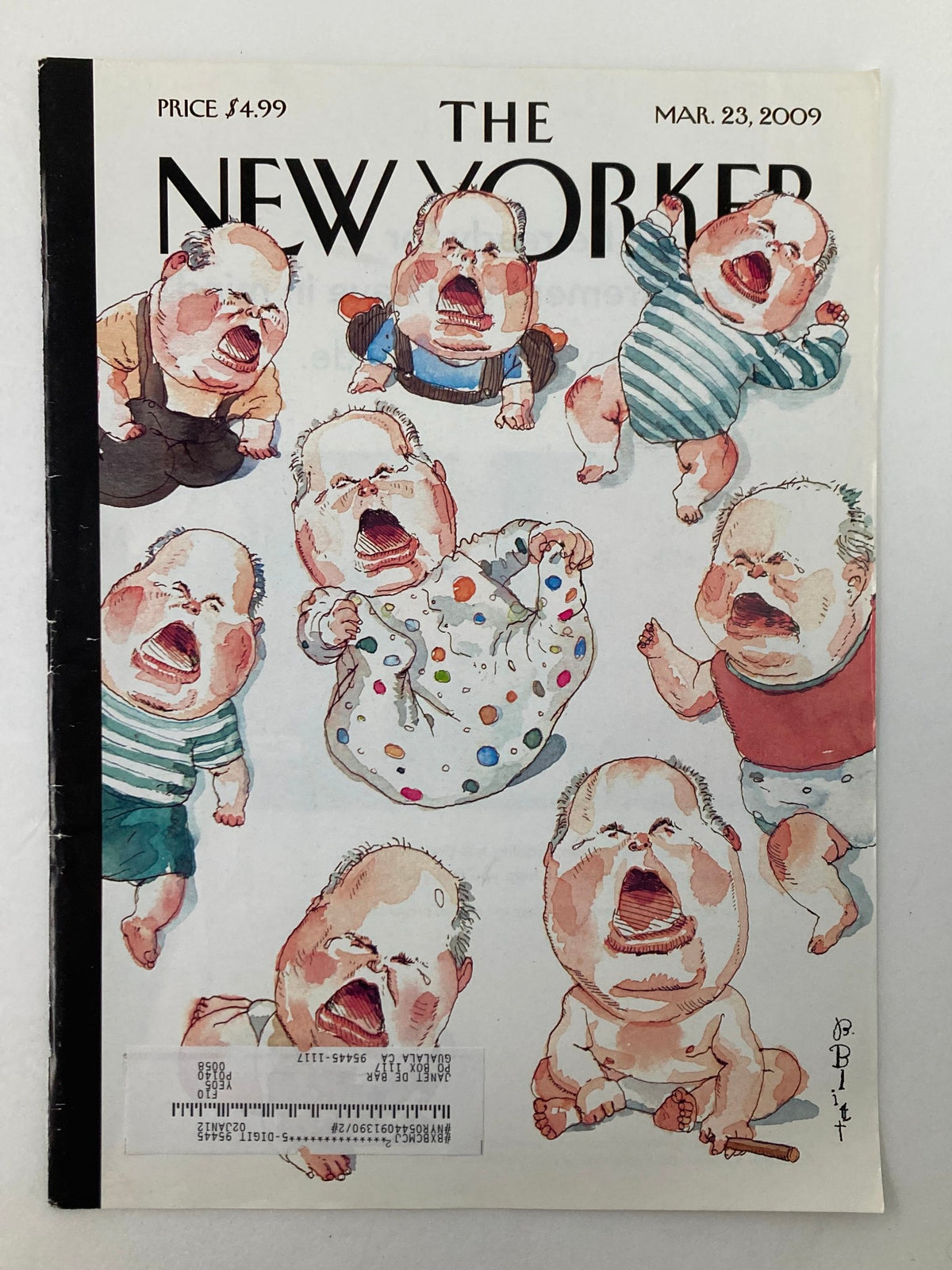 The New Yorker cover dated March 23, 2009, Octo Rush by Barry Blitt, showcasing animated babies in vibrant colors and exaggerated expressions.
