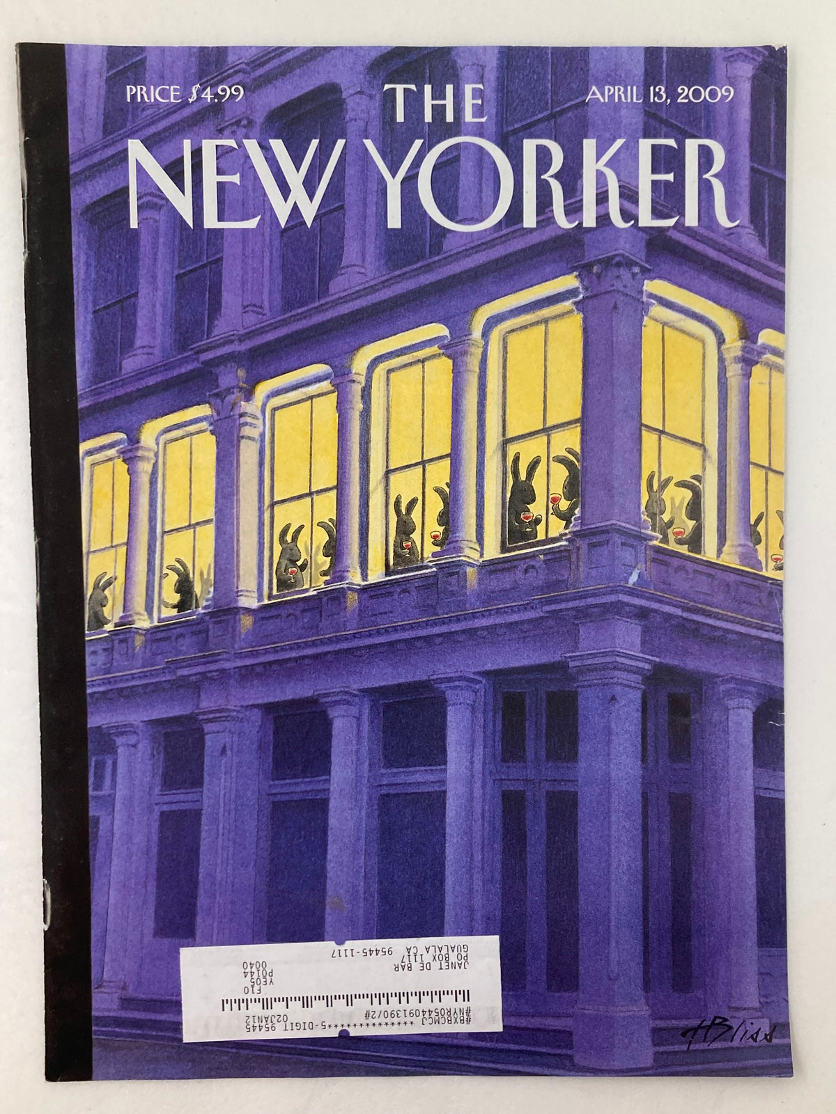 COVER ONLY The New Yorker April 13 2009 Bunny Get-Together by Harry Bliss highlighting a captivating depiction of bunnies at a celebration, framed by a building facade.