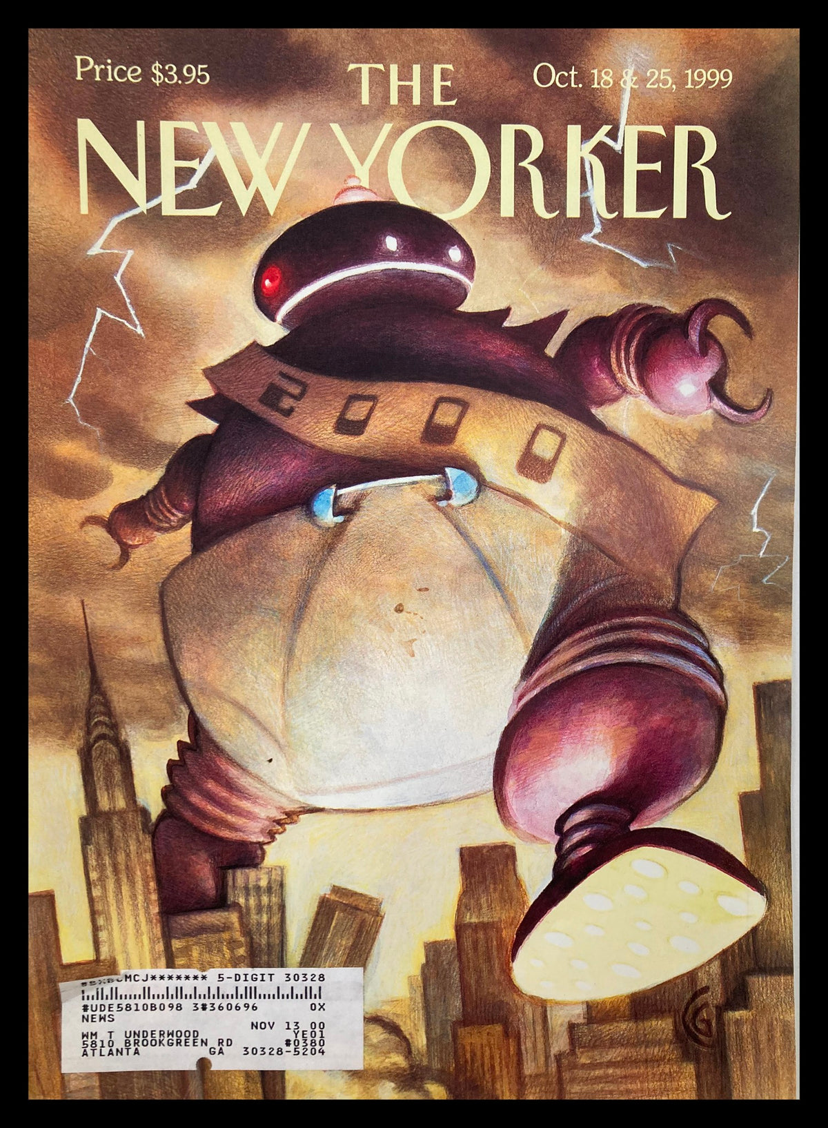 Cover of The New Yorker from October 18, 1999, featuring whimsical artwork titled 'Big Baby' by Carter Goodrich, depicting a large baby-like creature in a cityscape.