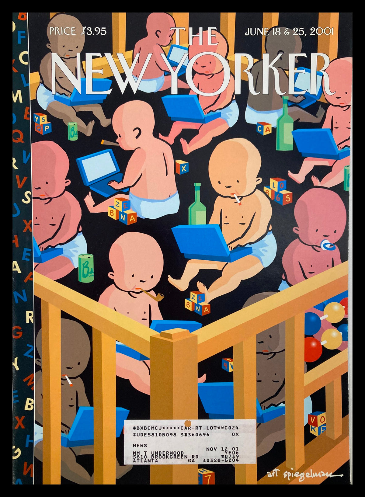Cover of The New Yorker June 18, 2001 titled 'Babies at Work' by Art Spiegelman, featuring playful baby characters engaging with technology in a colorful setting.
