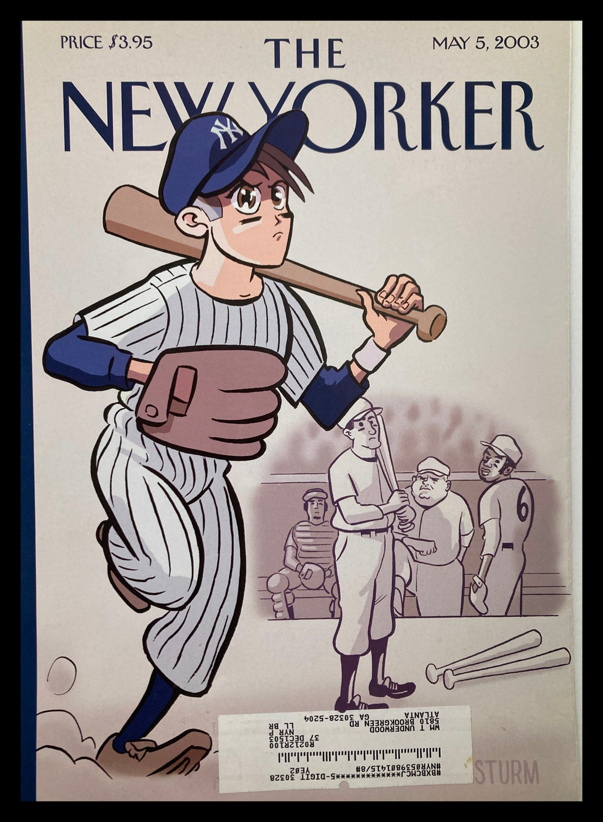 The New Yorker May 5 2003 cover featuring the artwork 'The New Left Fielder' by James Sturn, depicting a young baseball player in a pinstriped uniform holding a baseball bat, with a subtle background of other players and batters.