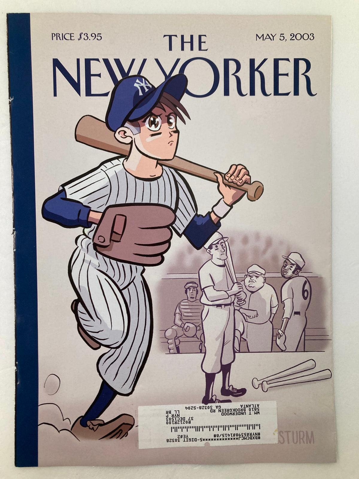 The New Yorker May 5 2003 cover showcasing 'The New Left Fielder' by James Sturn, featuring a cartoon-style young athlete in a pinstriped baseball uniform and cap, ready to bat, with other players visible in the background.