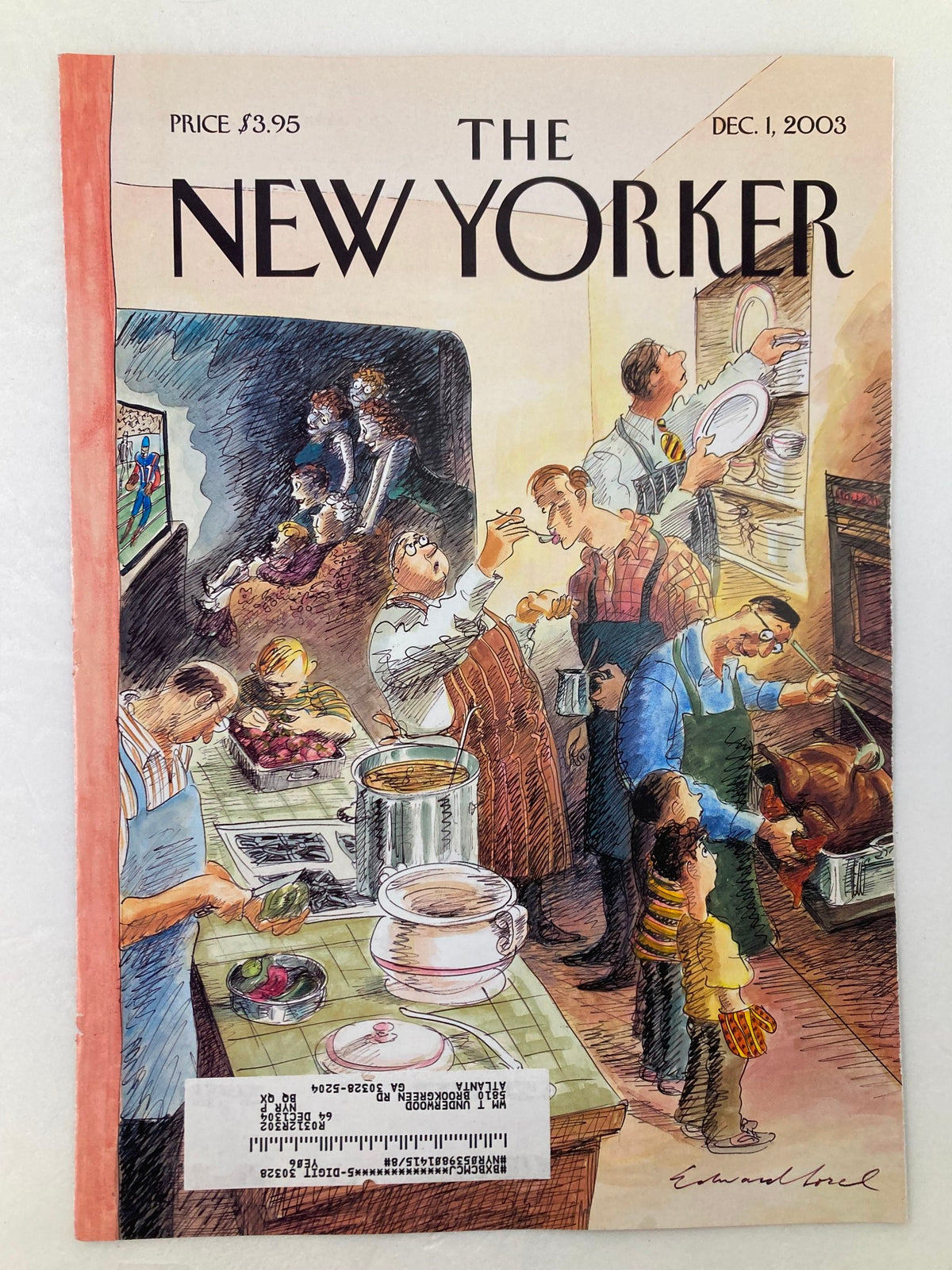 The New Yorker cover from December 1, 2003, featuring artwork by Edward Sorel, showcasing a vibrant kitchen filled with people cooking and enjoying the festive atmosphere.