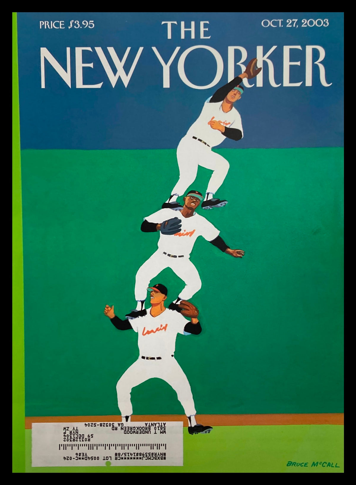Cover only of The New Yorker, October 27, 2003, featuring the whimsical 'Fly Ball' illustration by Bruce McCall, showcasing a colorful depiction of baseball players in action.