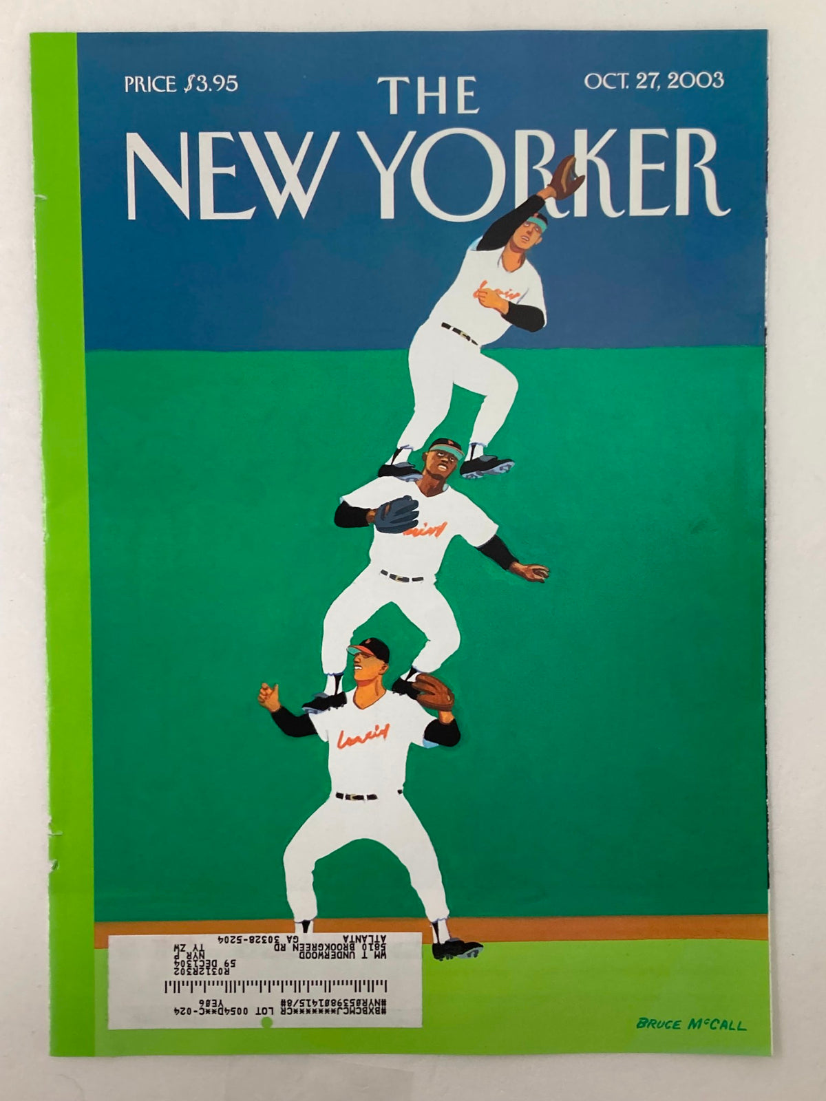 The New Yorker cover from October 27, 2003, 'Fly Ball' by Bruce McCall, illustrating a vibrant baseball scene with stacked players, enhancing vintage magazine art collection.