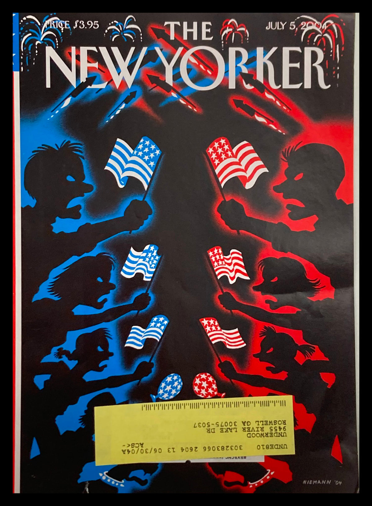COVER ONLY The New Yorker July 5 2004 featuring an artistic illustration by C. Niemann, depicting patriotic figures holding American flags in red, white, and blue colors with a festive background.