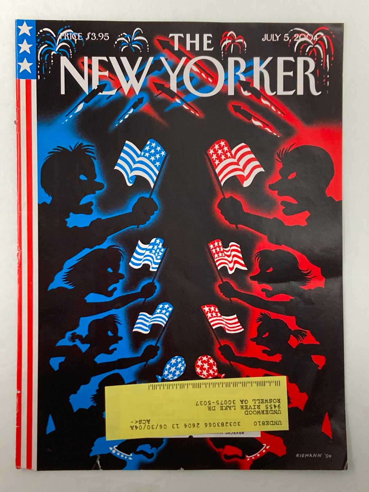 COVER ONLY The New Yorker July 5 2004 designed by C. Niemann, showcasing a vibrant composition of patriotic silhouettes with American flags set against a striking red and blue backdrop.