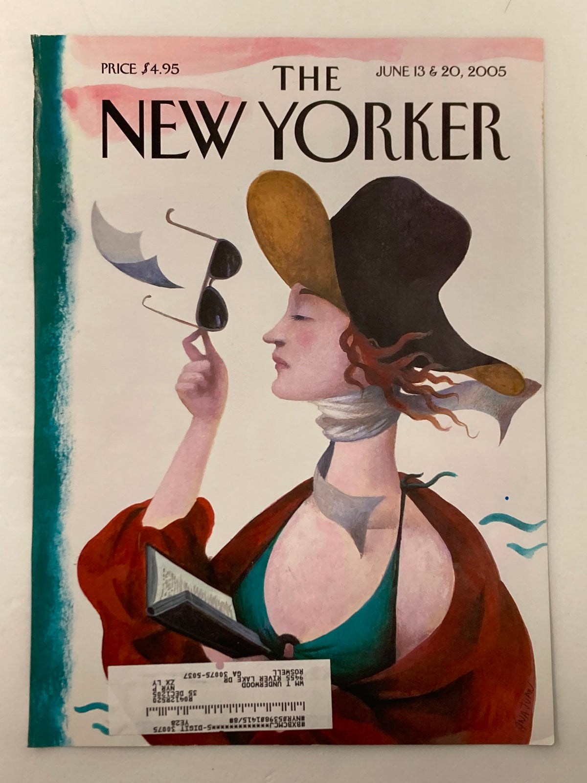 Cover of The New Yorker from June 13, 2005, featuring the artwork 'Debut on the Beach' by Ana Juan, showcasing a woman in a large hat holding sunglasses, reflecting the vibrant atmosphere of summer.