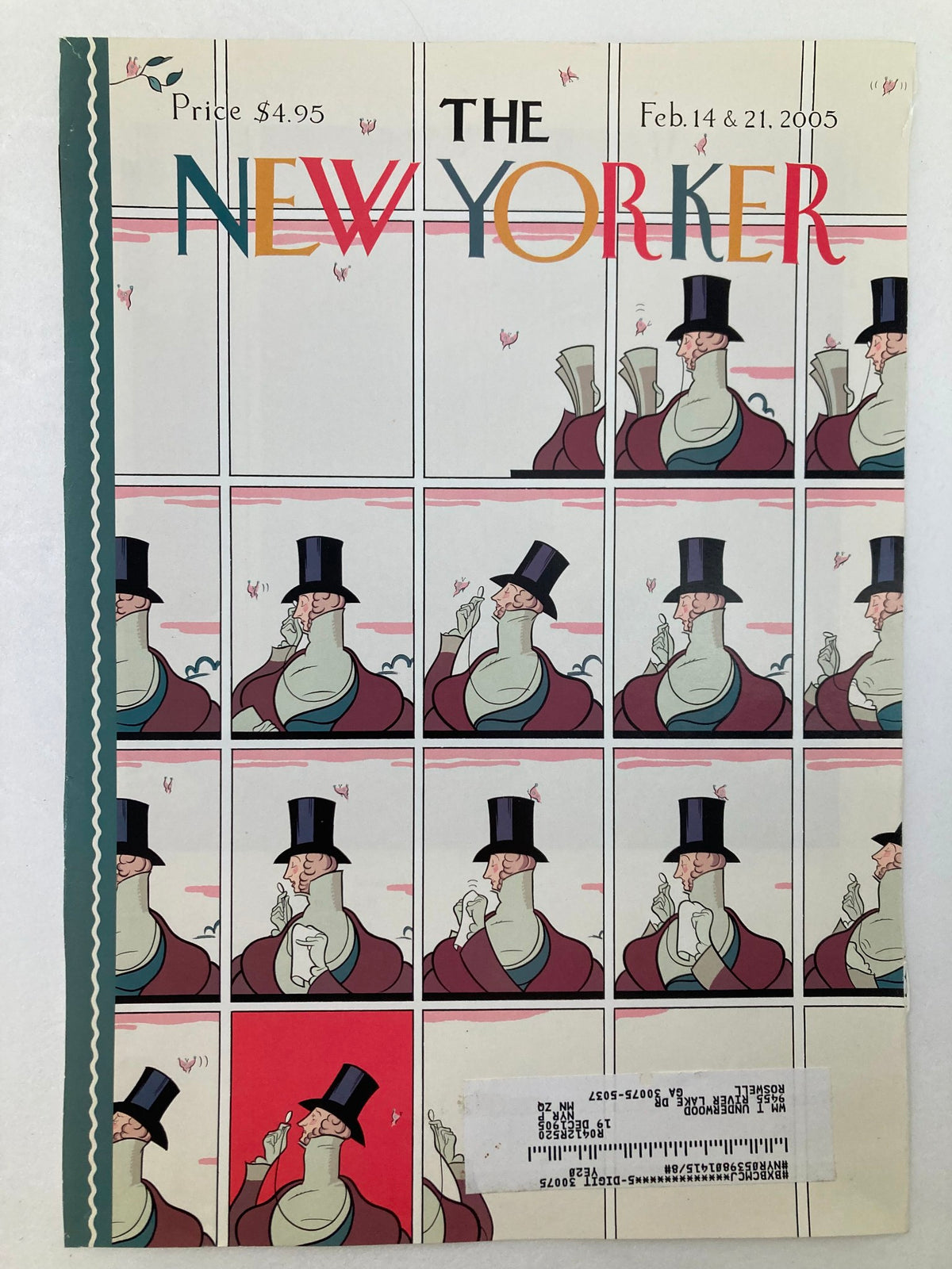 The New Yorker cover from February 14, 2005, showcasing 'European Rules' by Chris Ware, illustrating a character in a top hat in a grid format, emphasizing European culture and humor.