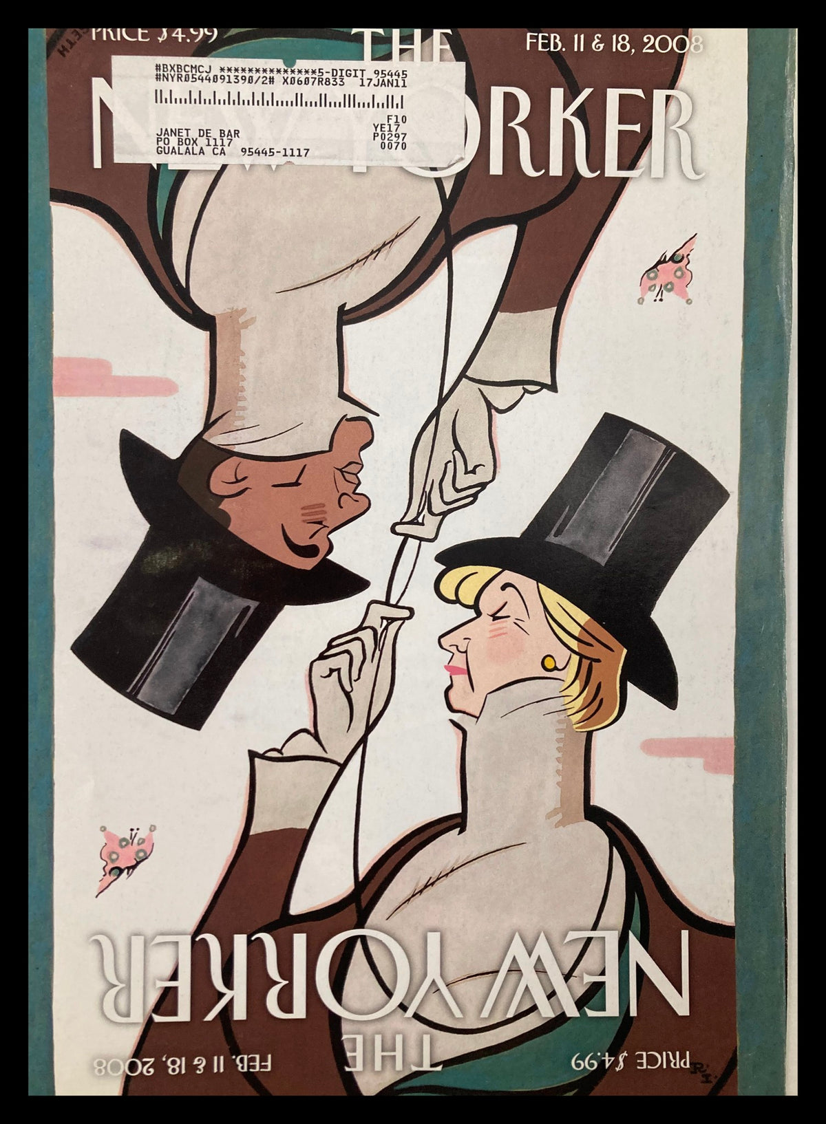 Cover only of The New Yorker February 11 2008, featuring the illustration of Mr. & Mrs. Eustace Tilley by R. Irvin, showcasing unique artistic design.