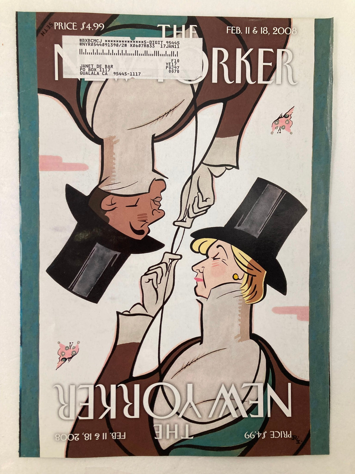 Cover only of The New Yorker February 11 2008, highlighting the captivating illustration of Mr. & Mrs. Eustace Tilley by R. Irvin, with distinctive colors and elegance.