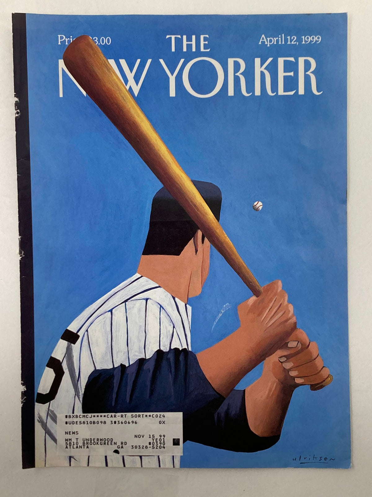 COVER ONLY The New Yorker April 12 1999 Opening Day by Mark Ulriksen, showcasing a baseball player in profile with a bat, capturing the essence of Opening Day festivities in vibrant colors.