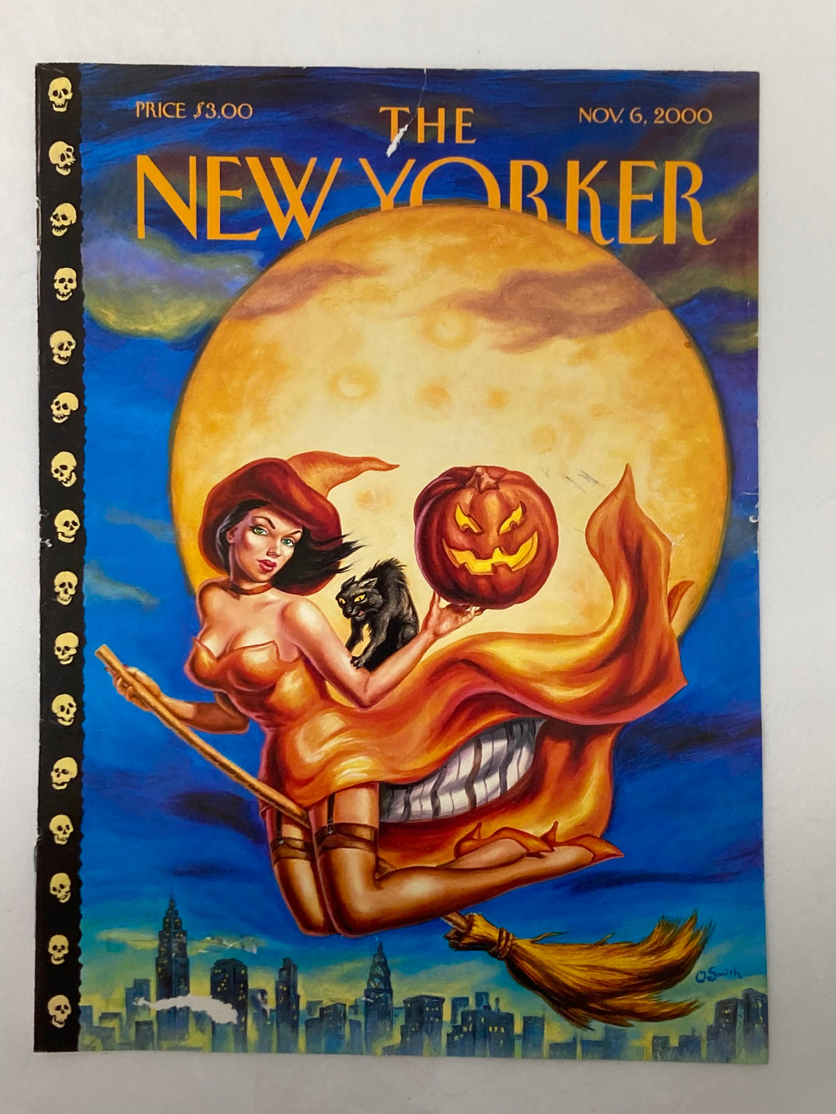 The New Yorker November 6, 2000 cover with the Sexy Witch illustration by Owen Smith, depicting a playful witch on a broomstick with a full moon backdrop and city skyline details.