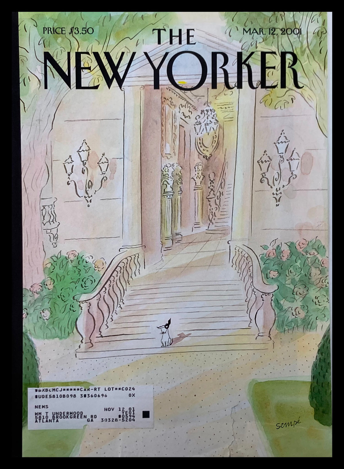 The New Yorker March 12 2001 cover featuring 'On His Way' by Jean Jacques Sempe, showcasing a charming illustration of staircases and greenery.
