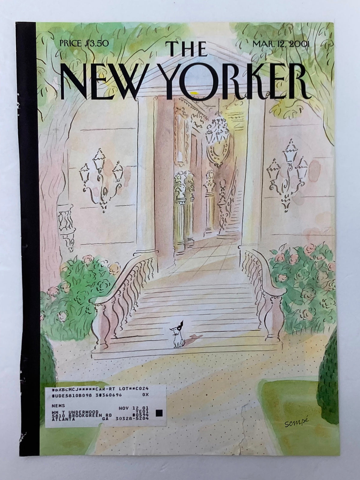 The New Yorker March 12 2001 cover with 'On His Way' by Jean Jacques Sempe, depicting an artistic view of a staircase and surrounding garden.