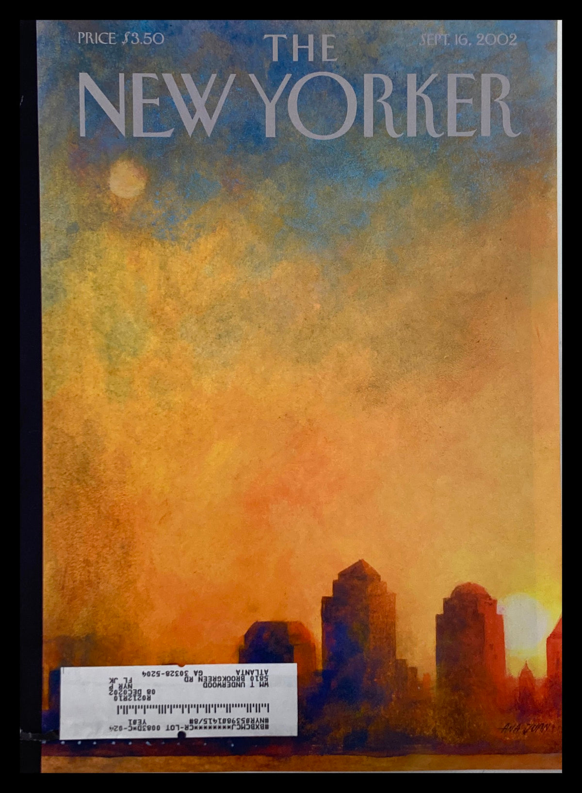Cover of The New Yorker dated September 16, 2002, featuring the illustration 'Dawn Over Manhattan' by Ana Juan, depicting a vibrant skyline at dawn.