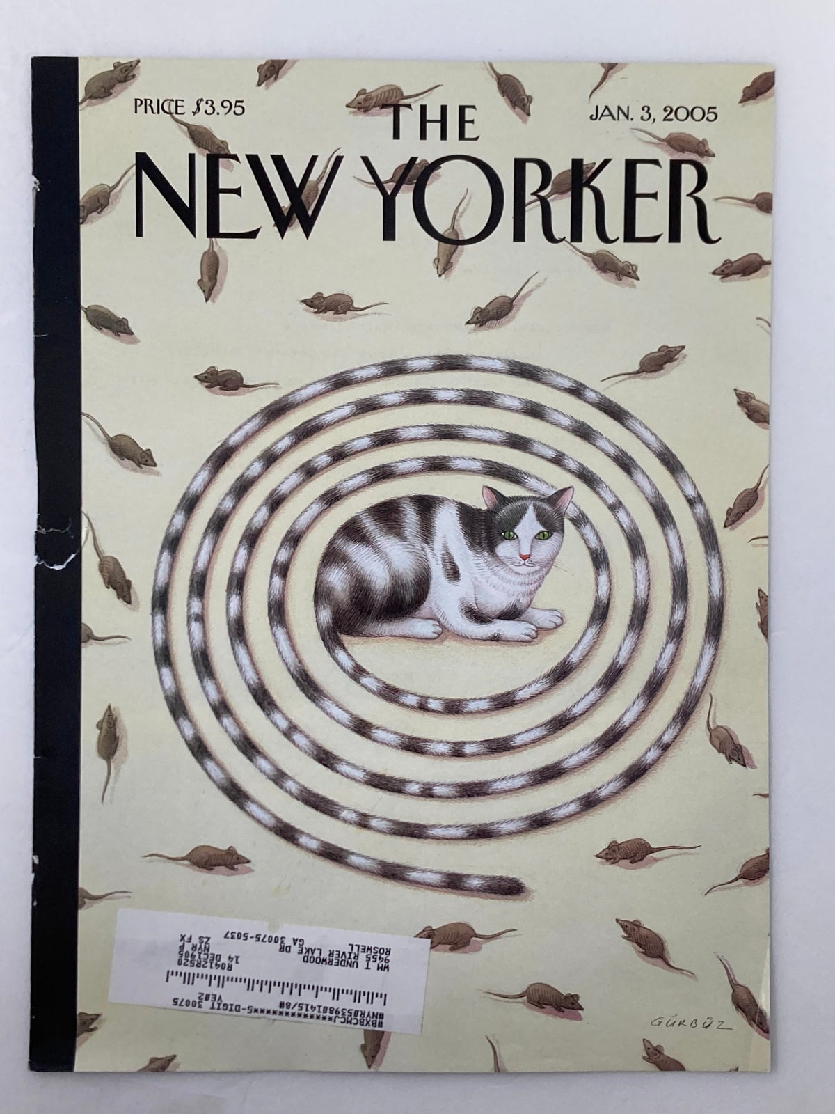 Cover of The New Yorker from January 3, 2005, showcasing the artwork 'A Better Mousetrap' by Gürbüz D. Eksioglu, with a cat lounging in the center of a swirling pattern of mice.